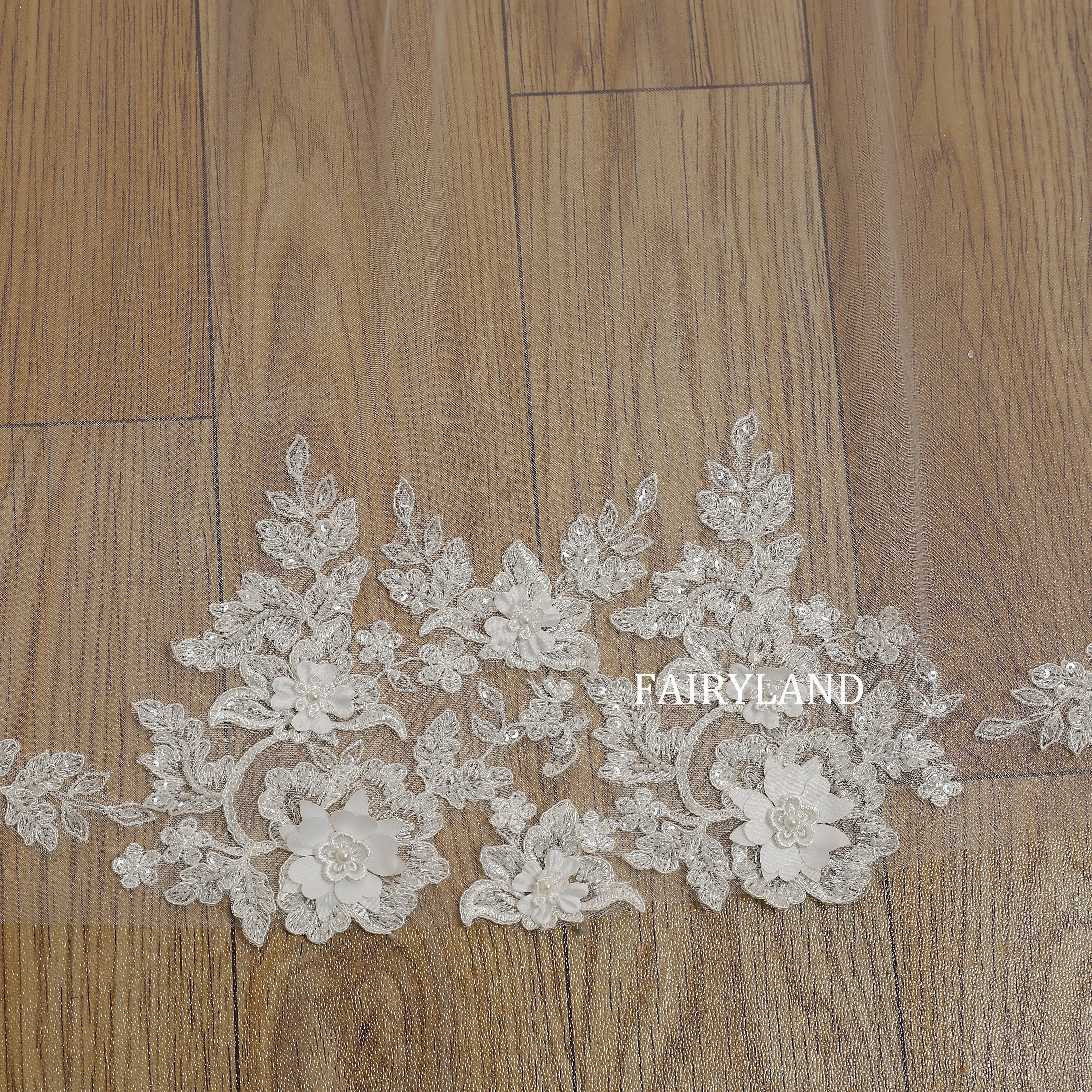 Cathedral-Length Tulle Bridal Veil with Hand-Appliquéd Floral Lace Trim