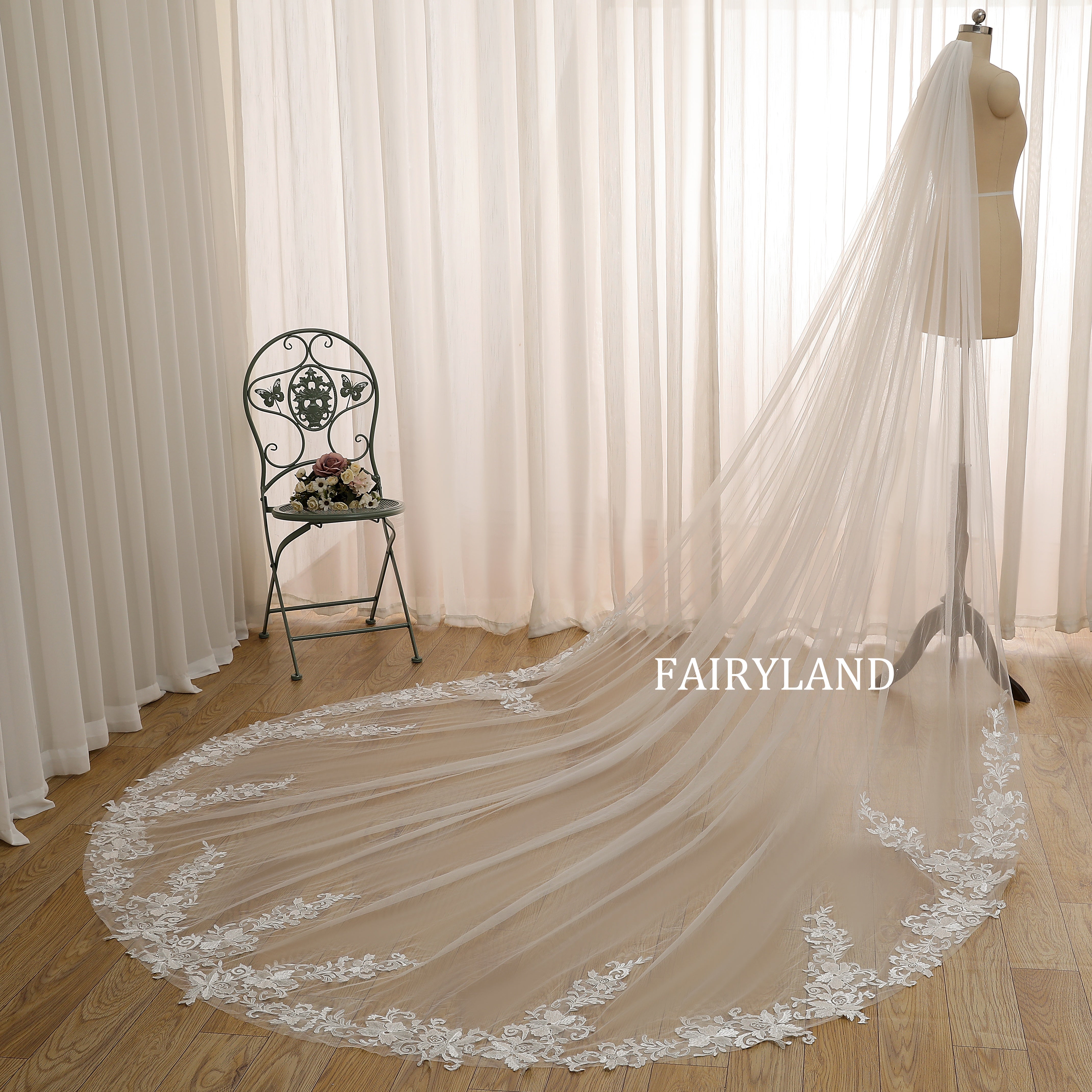 Long Cathedral Bridal Veil with Delicate Lace and Sheer Illusion Tulle