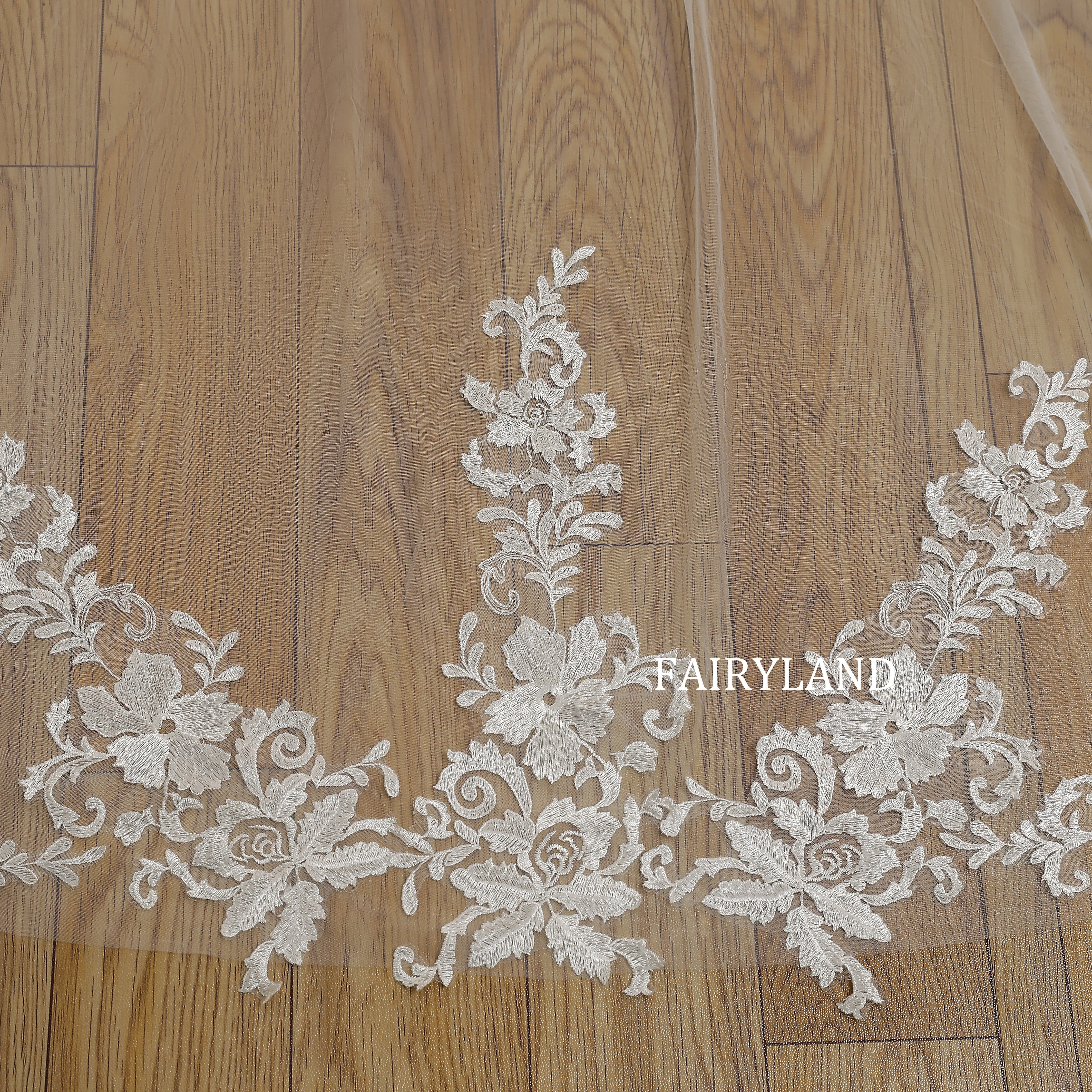 Long Cathedral Bridal Veil with Delicate Lace and Sheer Illusion Tulle