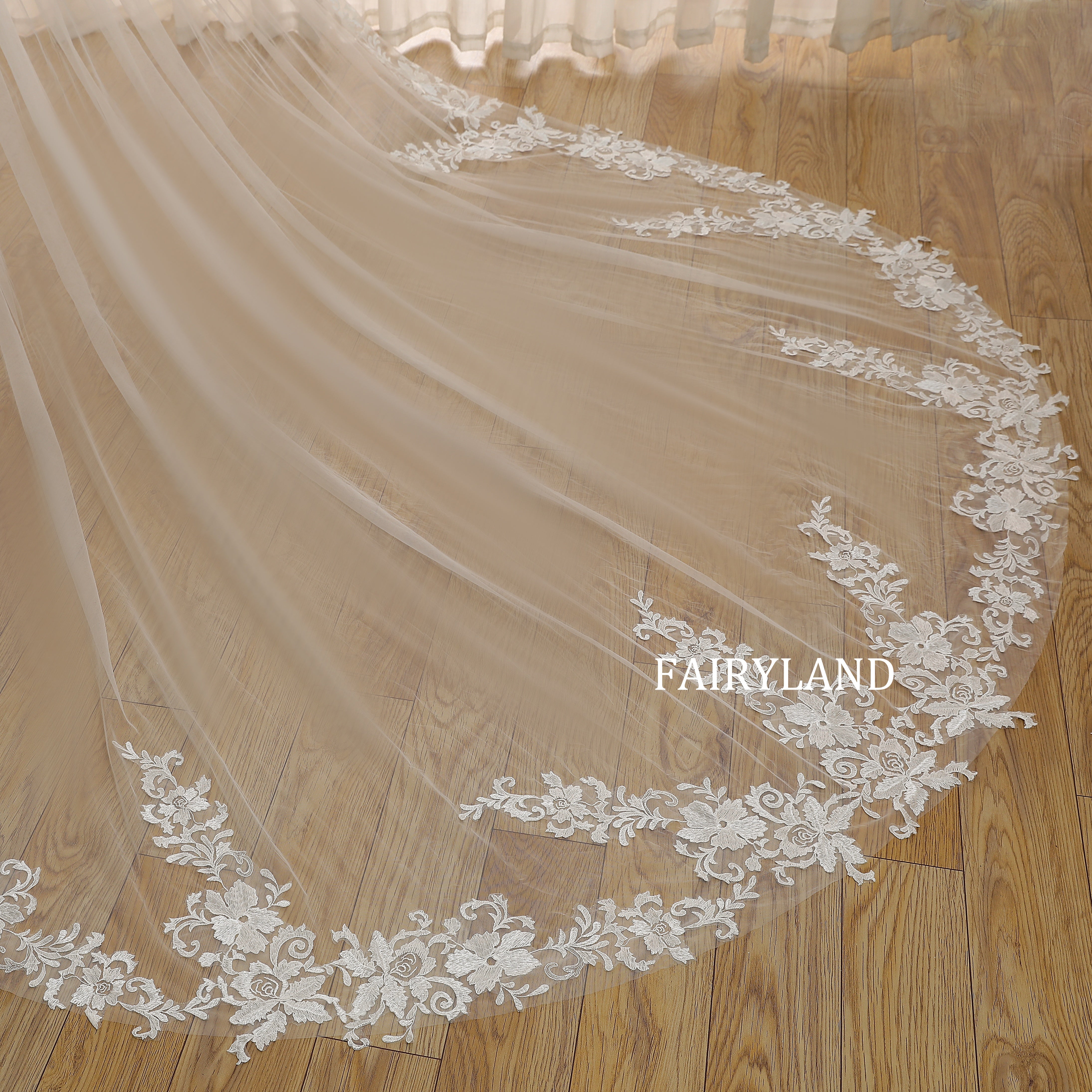 Long Cathedral Bridal Veil with Delicate Lace and Sheer Illusion Tulle