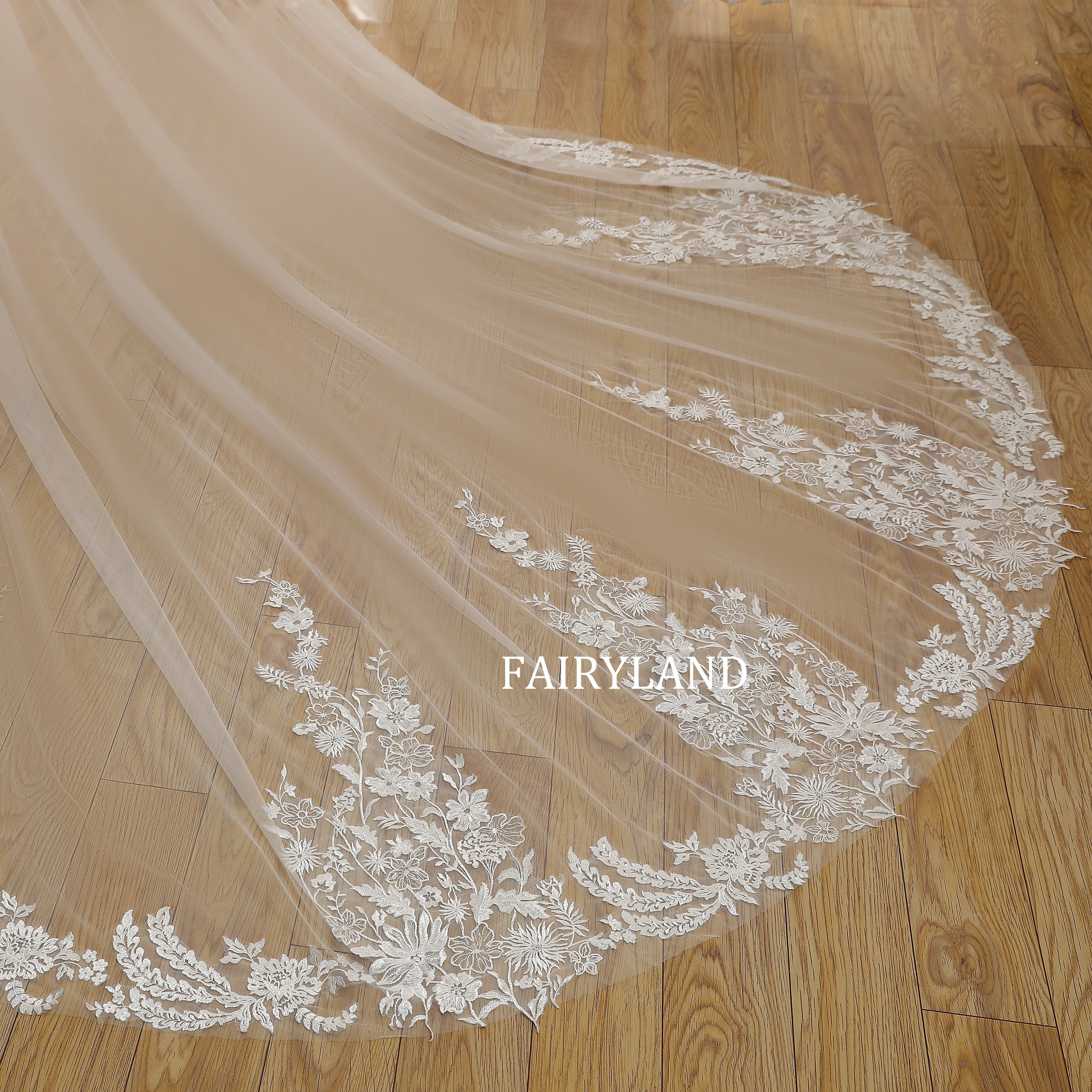 Inspired Bridal Veil with Delicate Plant Lace Appliqués and Soft Flowing Tulle