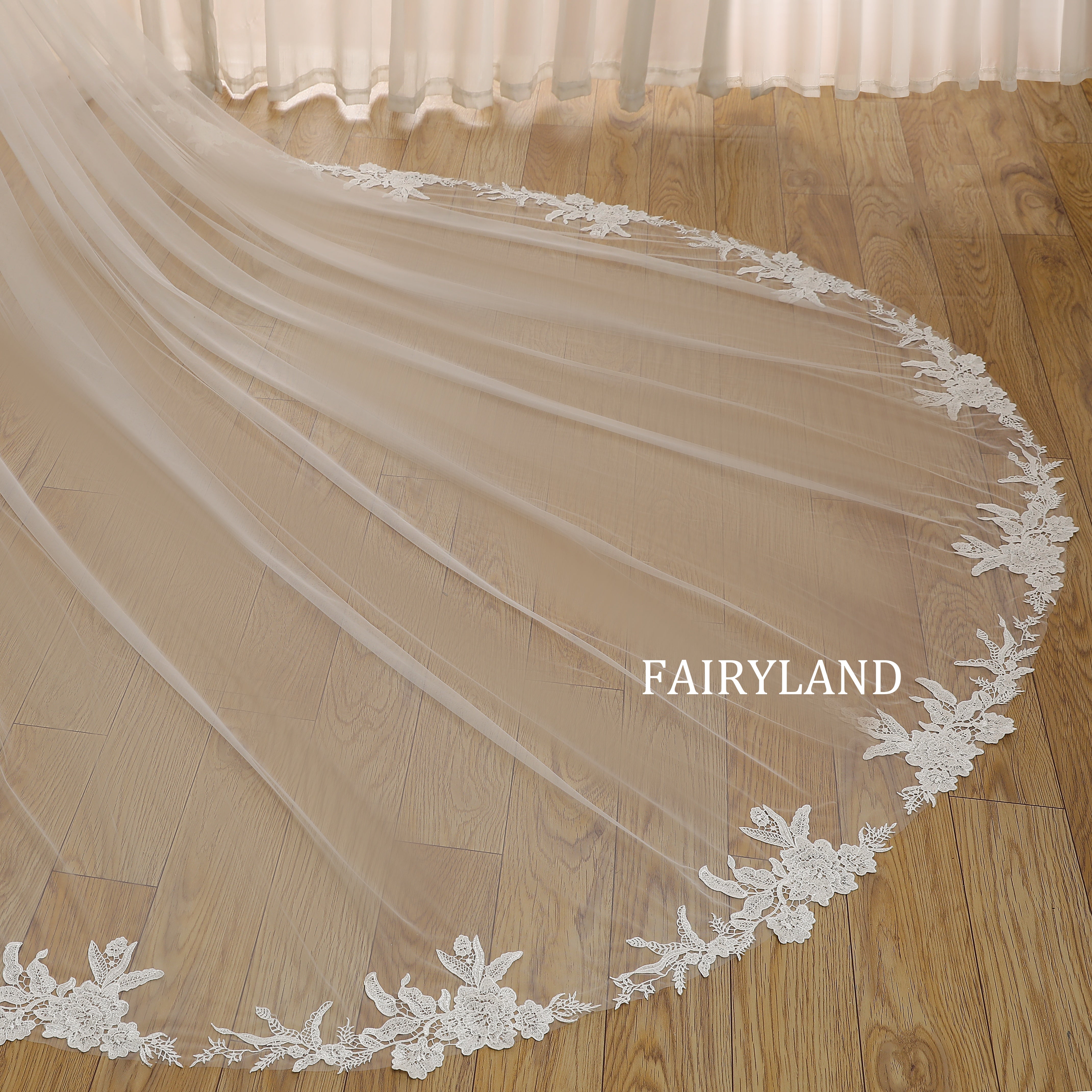 Minimalist Bridal Veil with Soft Tulle & Delicate Lace Trim in Cathedral Length