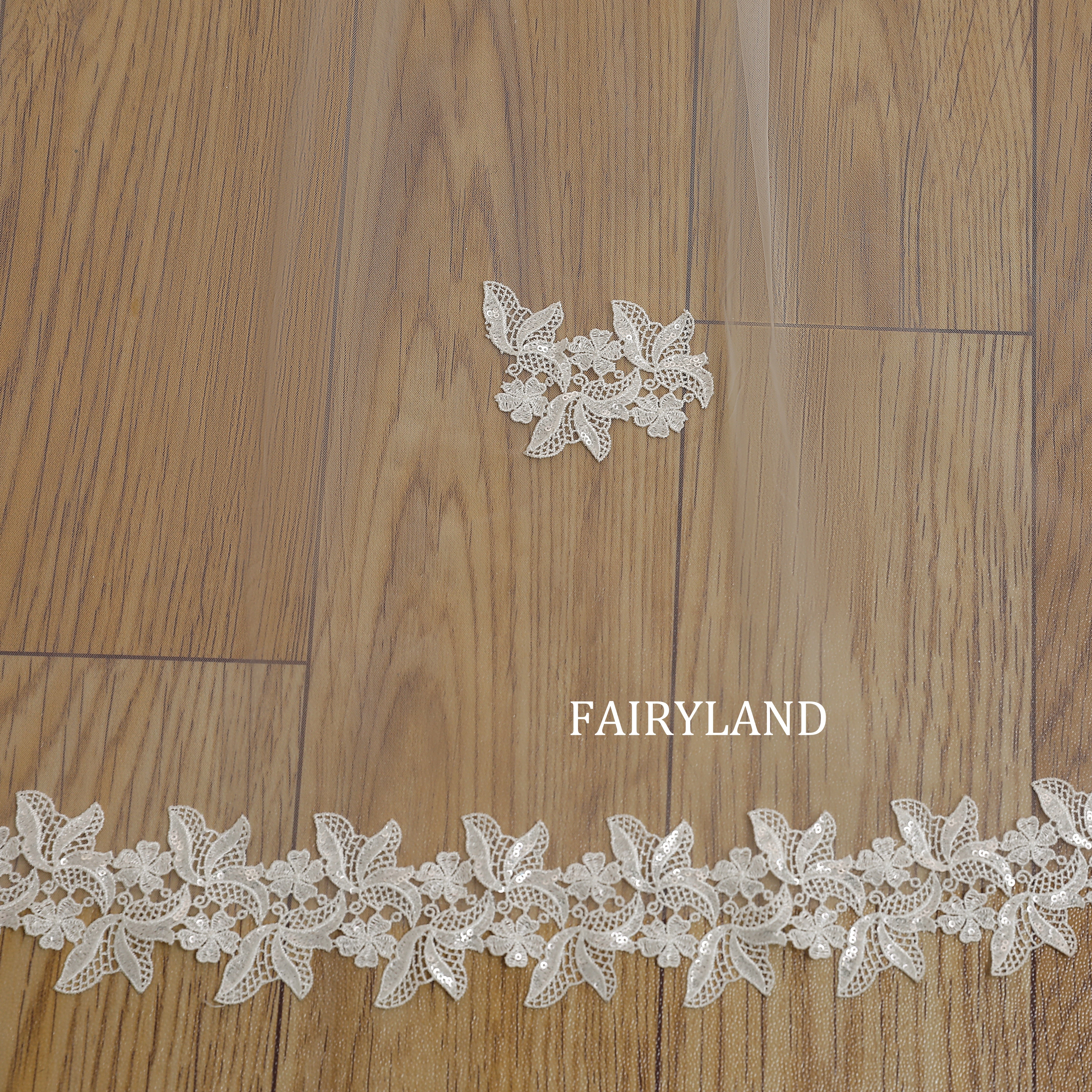 Sheer Wedding Veil in Soft Ivory Tulle with Minimalist Sequined Floral Lace Trim