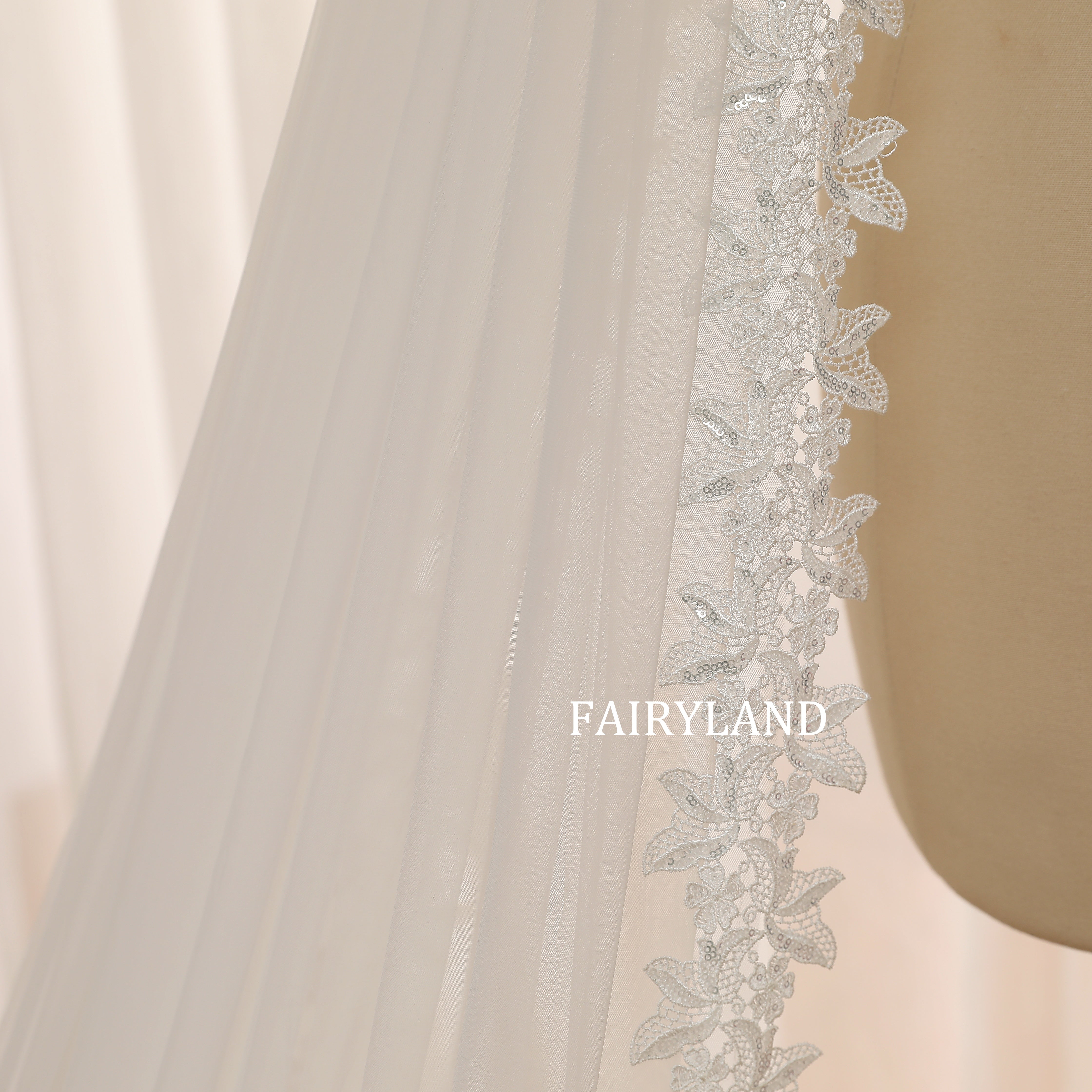 Sheer Wedding Veil in Soft Ivory Tulle with Minimalist Sequined Floral Lace Trim