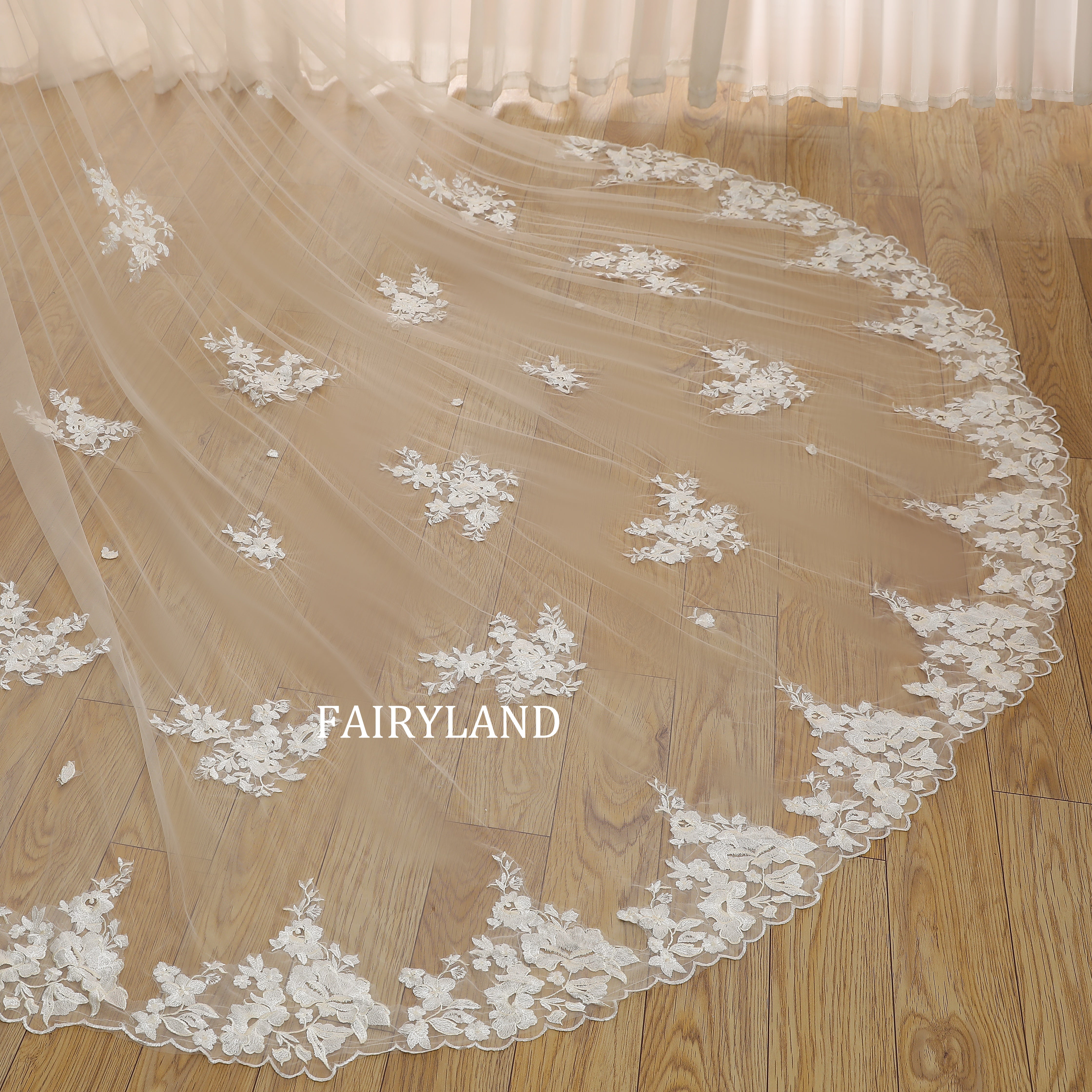 Romantic Bridal Veil with Hand-Embellished Floral Lace and Flowing Sheer Tulle