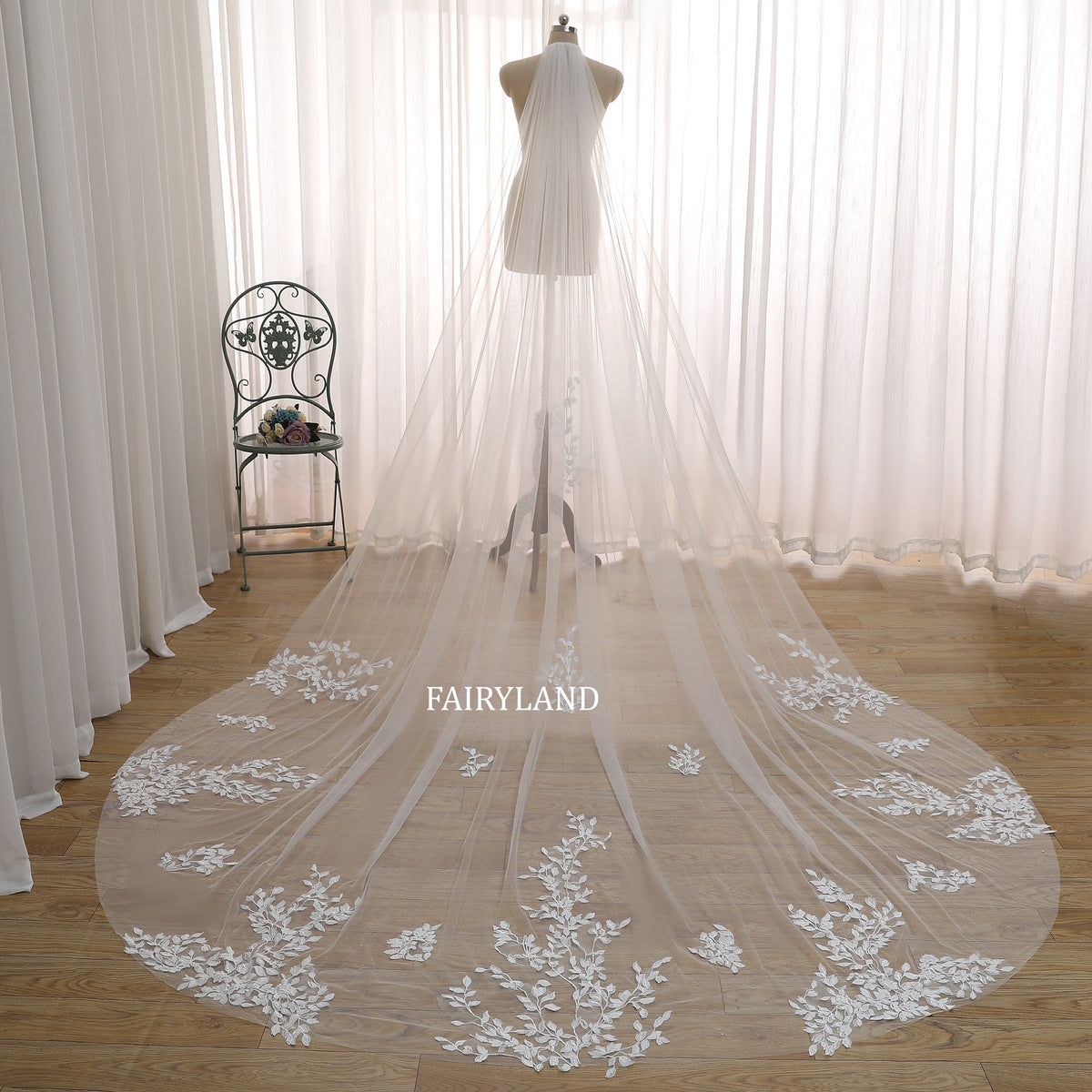 Veil Wedding Plant Leaves Elegant Embroidered Plants Bridal Veil Lace Floral, 1 Tier Ivory Long Veil With Comb, Veil Cathedral With Comb