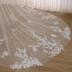 Veil Wedding Plant Leaves Elegant Embroidered Plants Bridal Veil Lace Floral, 1 Tier Ivory Long Veil With Comb, Veil Cathedral With Comb