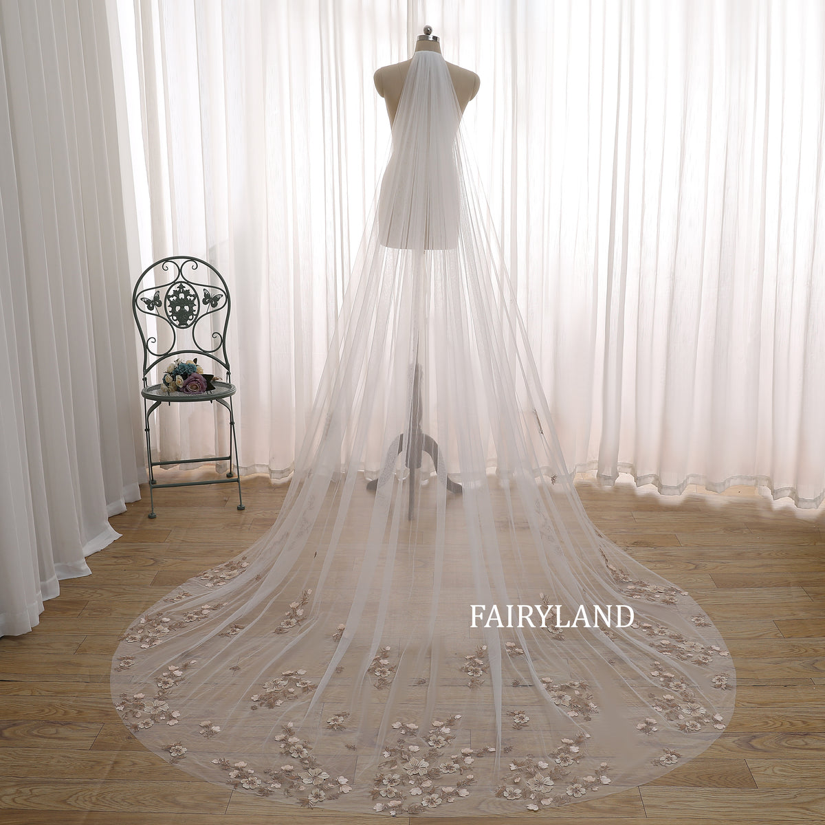Champagne Floral Appliqué Cathedral Veil – Long Embroidered Tulle Bridal Veil
