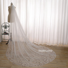 Champagne Floral Appliqué Cathedral Veil – Long Embroidered Tulle Bridal Veil