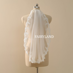 Lace Trim Wedding Veil, Short Fingertip Bridal Veil, Ivory Veil For Wedding
