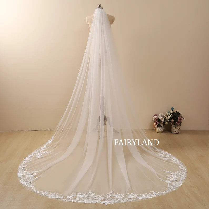 Floral Lace Cathedral Wedding Veil - Vintage Flowery Design