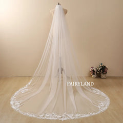 Floral Lace Cathedral Wedding Veil - Vintage Flowery Design