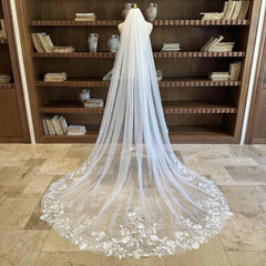 Elegant Lace Flower Bridal Veil with Sheer Sequins. Ivory Soft Tulle Cathedral Veil. Exquisite Floral Lace Wedding Veil. Peony Flower Veil.