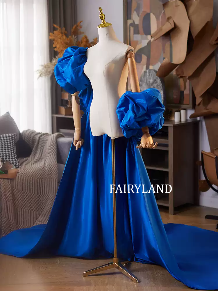 Royal Blue Puff Sleeve Gown – Dramatic Long Train Evening Dress for Photoshoot & Special Occasions