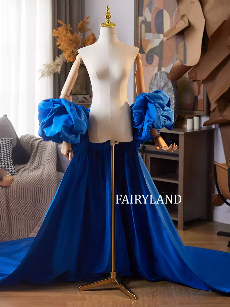 Royal Blue Puff Sleeve Gown – Dramatic Long Train Evening Dress for Photoshoot & Special Occasions