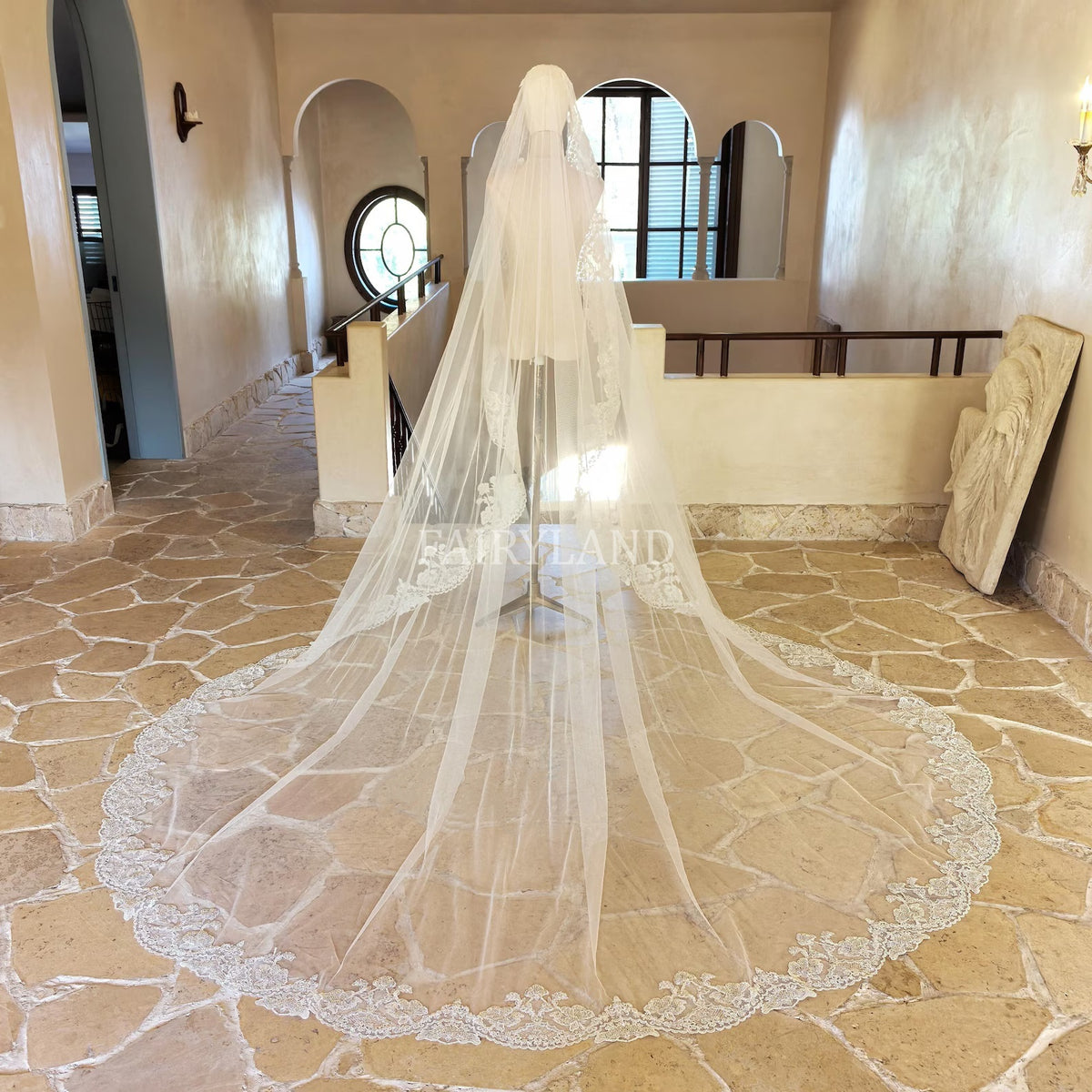 Scallop Edge Beaded Mantilla Veil, Luxury Bridal Hair Piece With Beading, Cathedral Ivory Tulle Veil