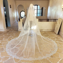 Scallop Edge Beaded Mantilla Veil, Luxury Bridal Hair Piece With Beading, Cathedral Ivory Tulle Veil