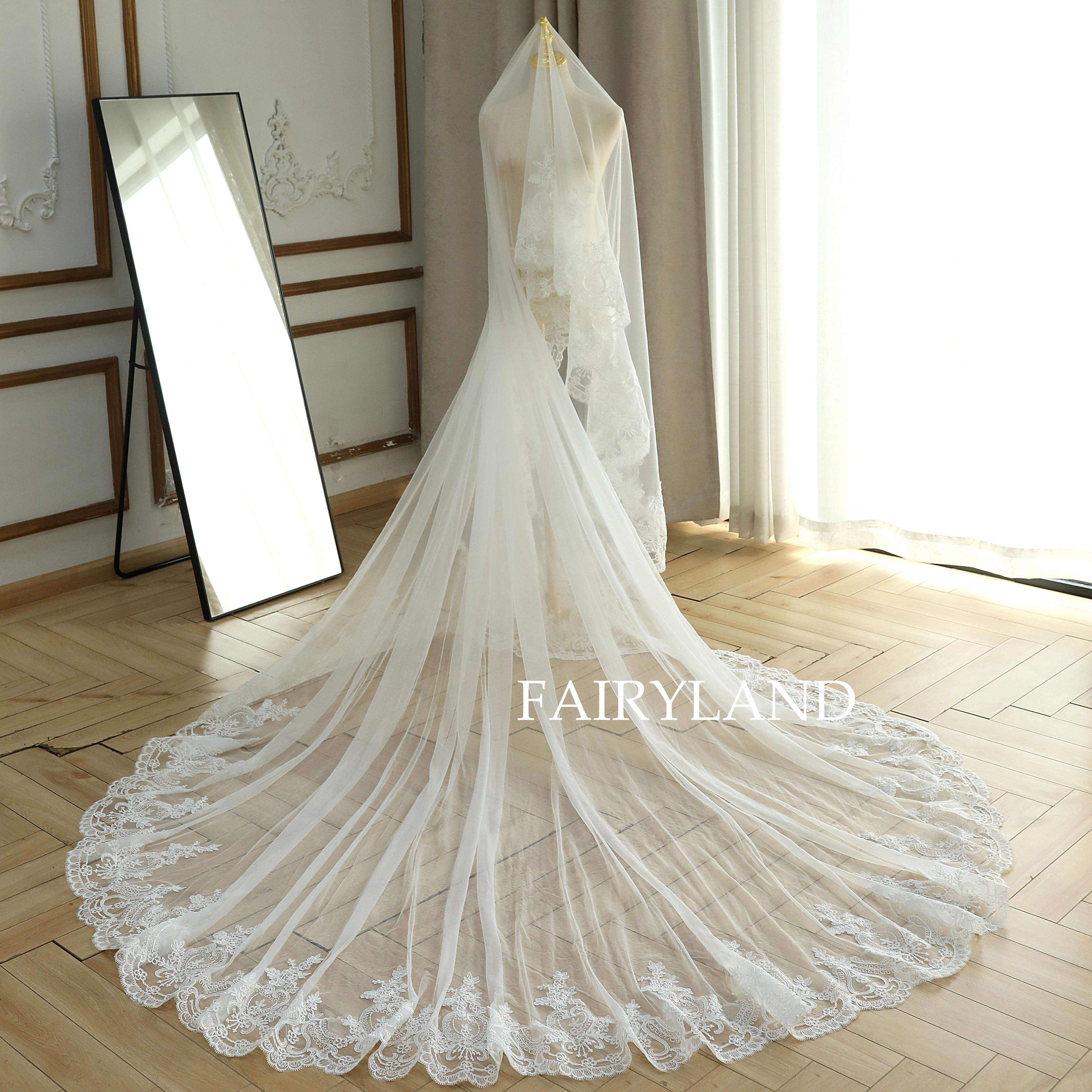 Romantic Full Lace Edge Bridal Veil With Blush