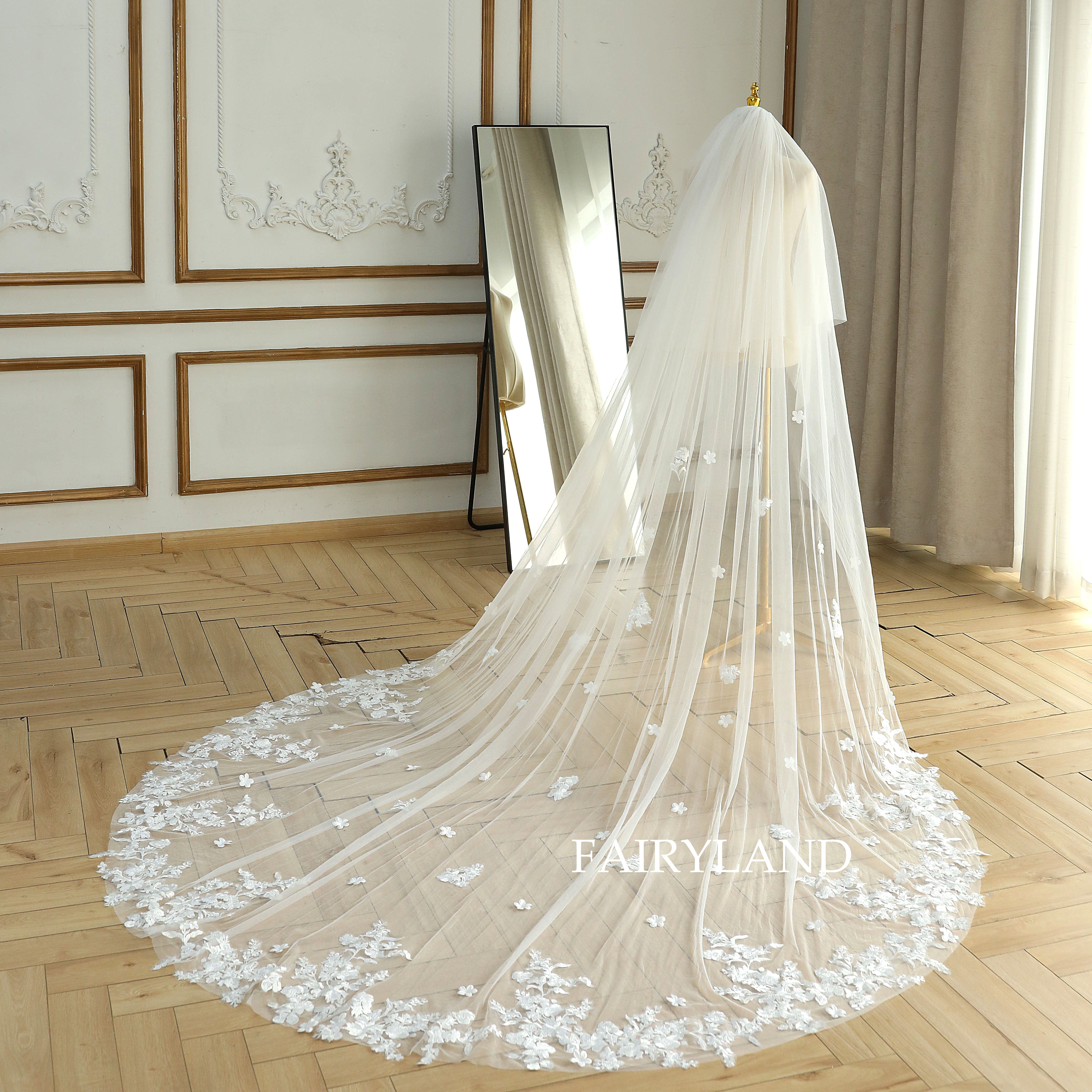 3D Flower Plant Lace Appliques Bridal Veil For Wedding