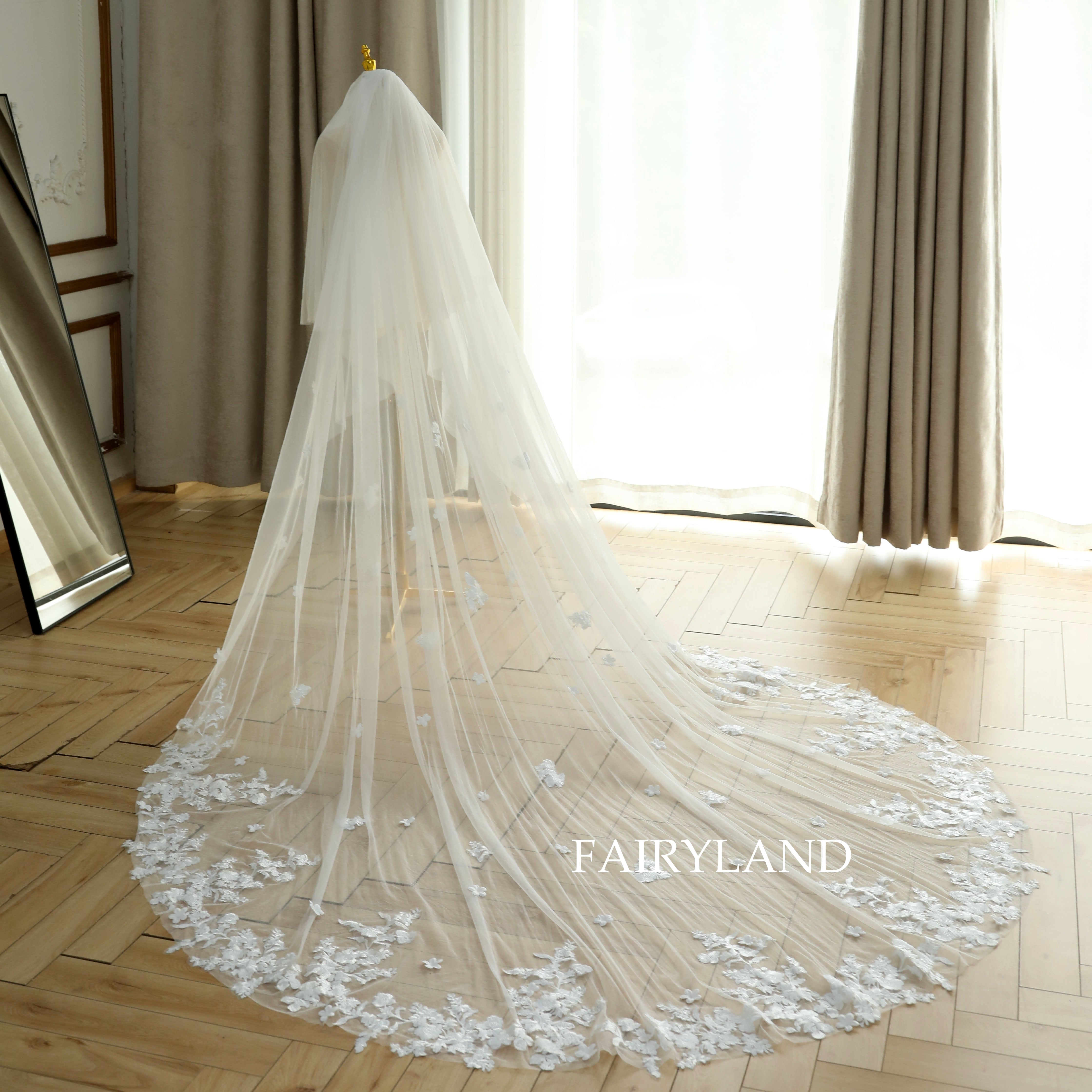 3D Flower Plant Lace Appliques Bridal Veil For Wedding