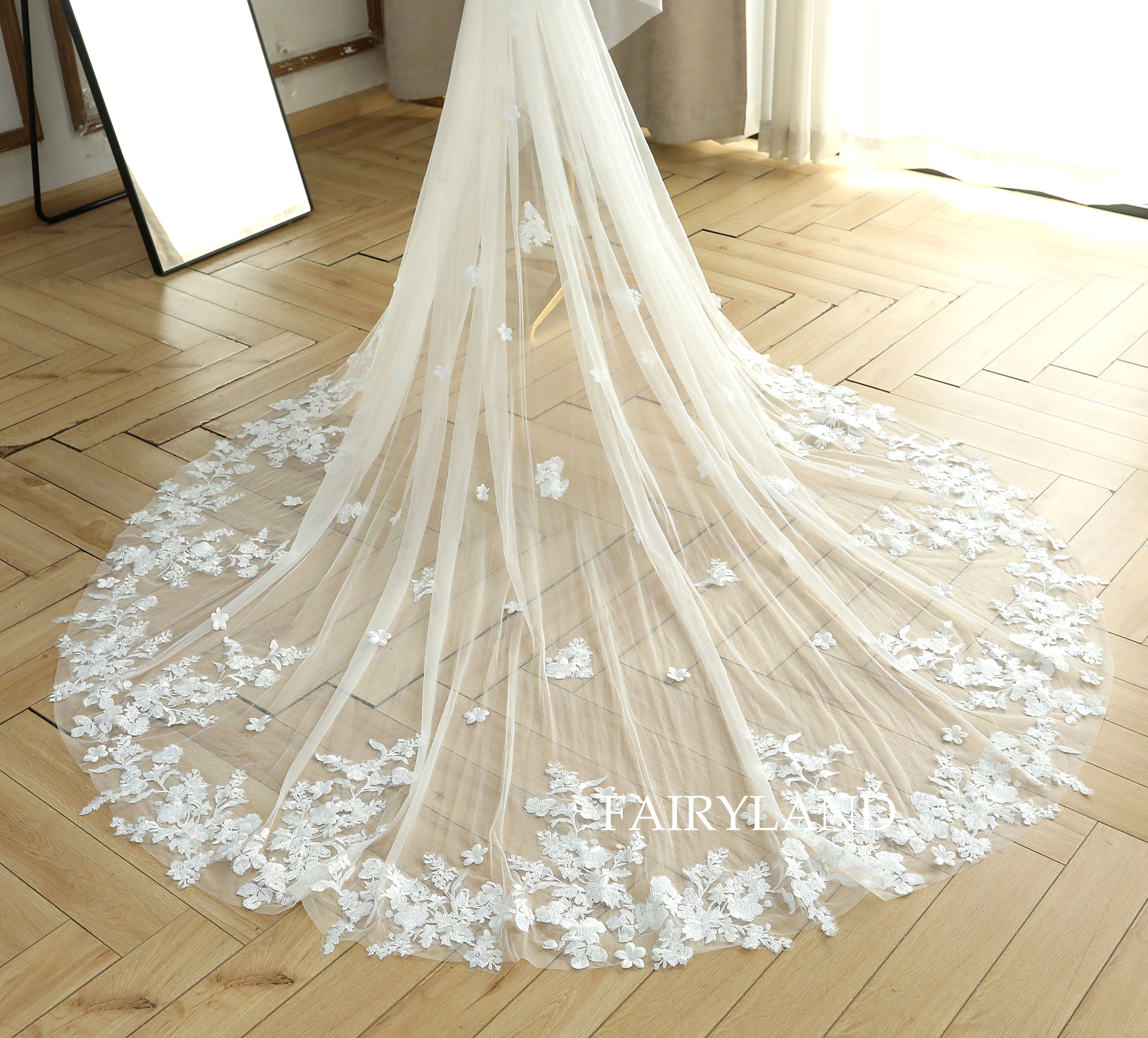 3D Flower Plant Lace Appliques Bridal Veil For Wedding