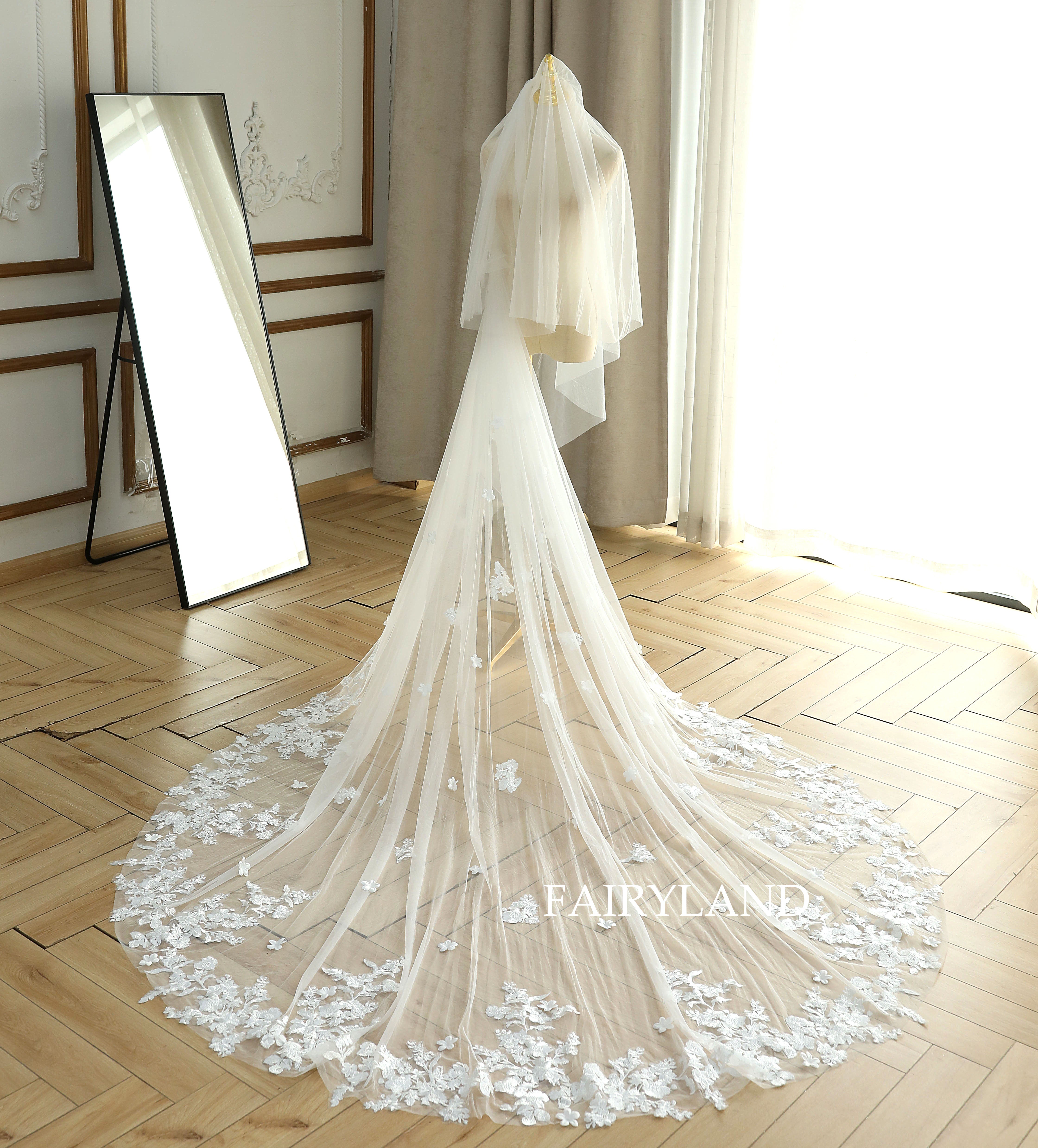 3D Flower Plant Lace Appliques Bridal Veil For Wedding