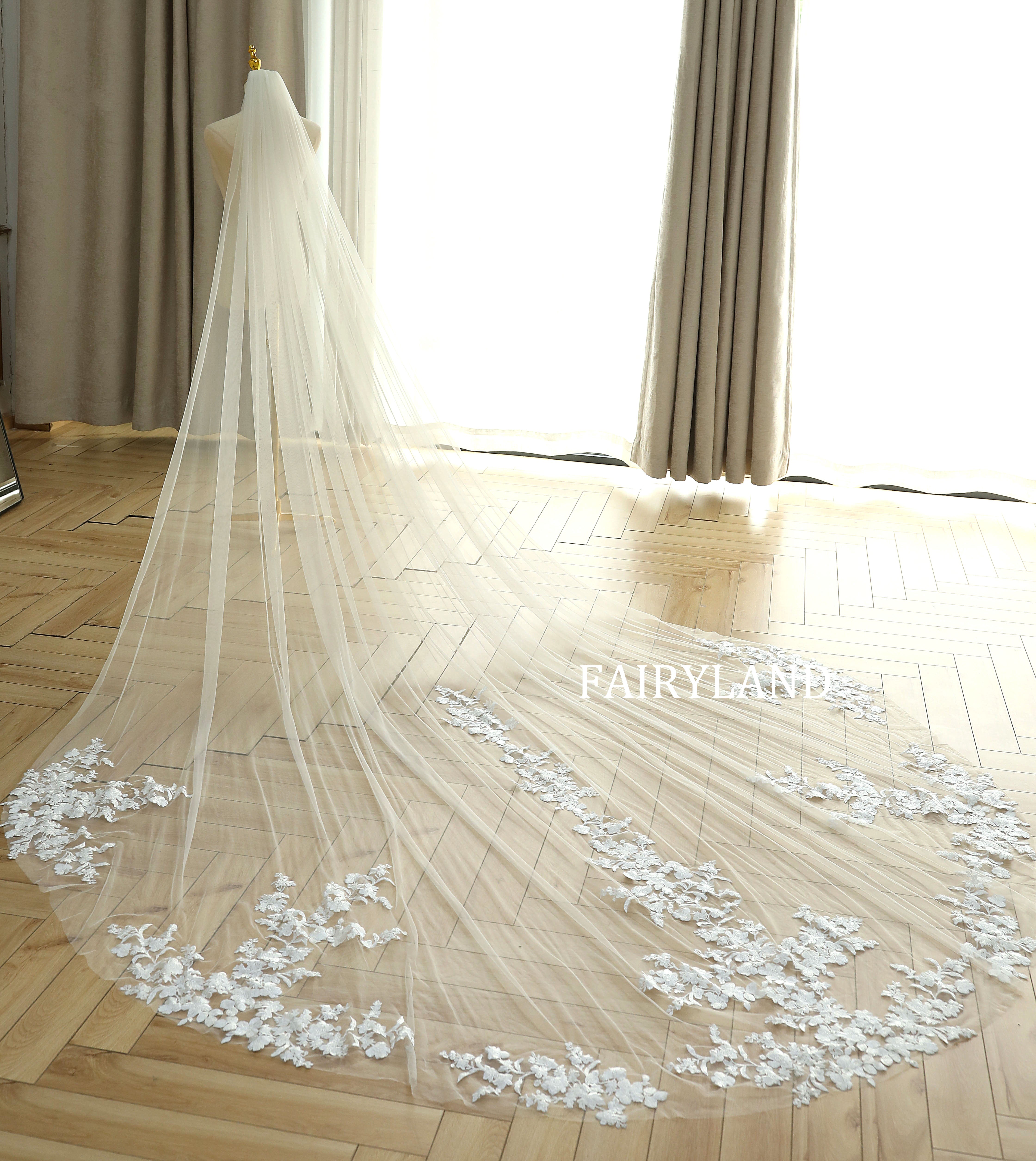 Cathedral Ivory Tiny Flower Lace Veil For Bridal