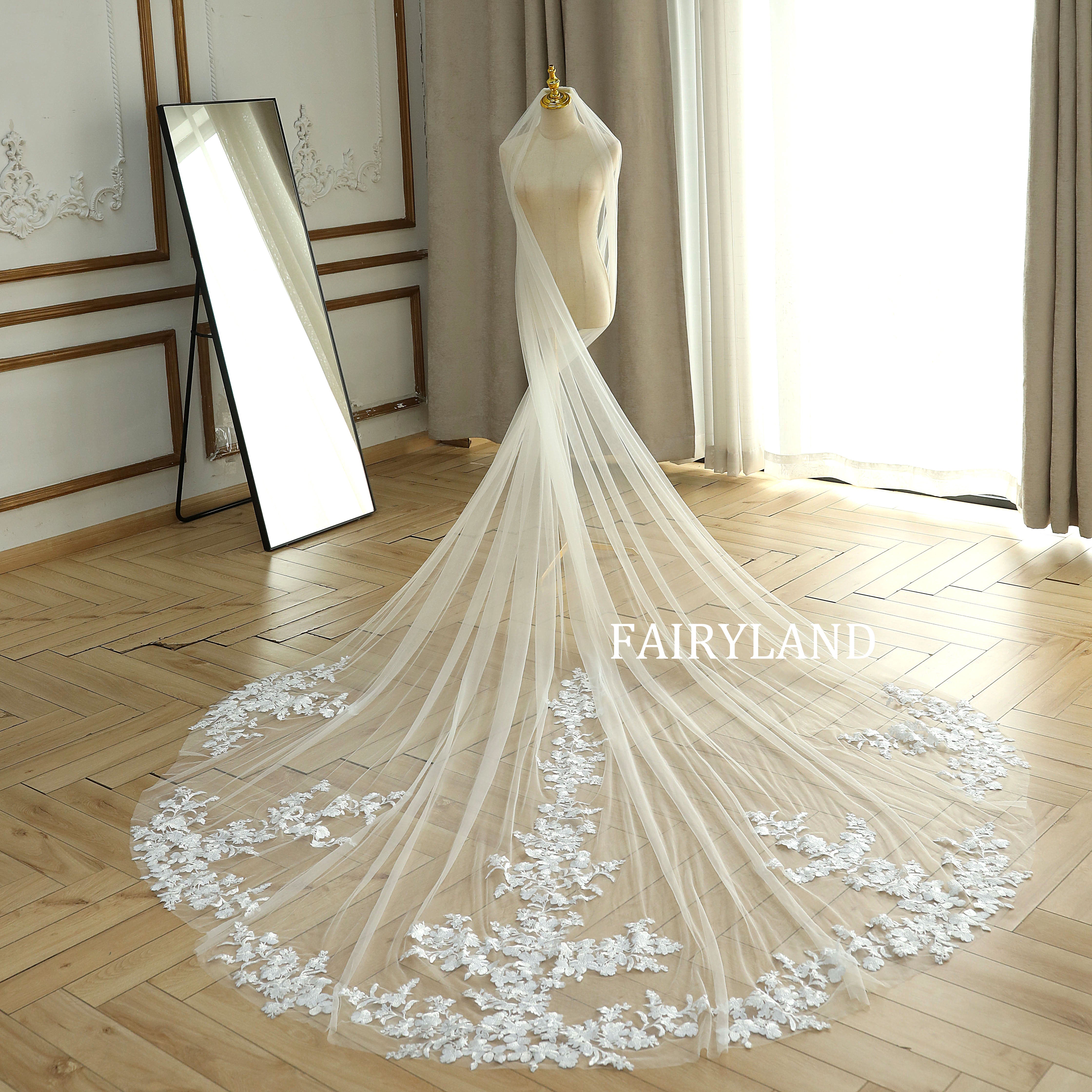 Cathedral Ivory Tiny Flower Lace Veil For Bridal