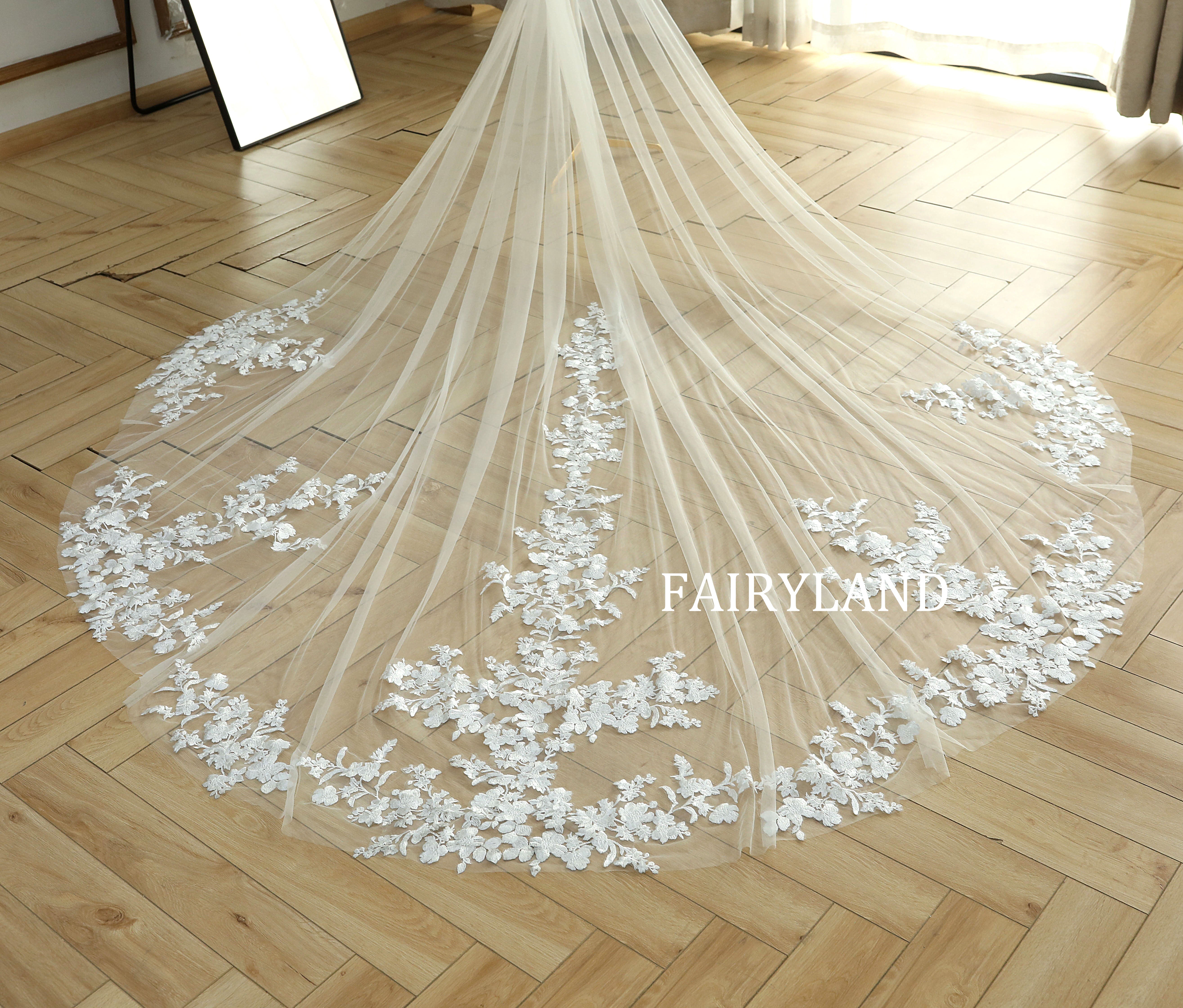Cathedral Ivory Tiny Flower Lace Veil For Bridal