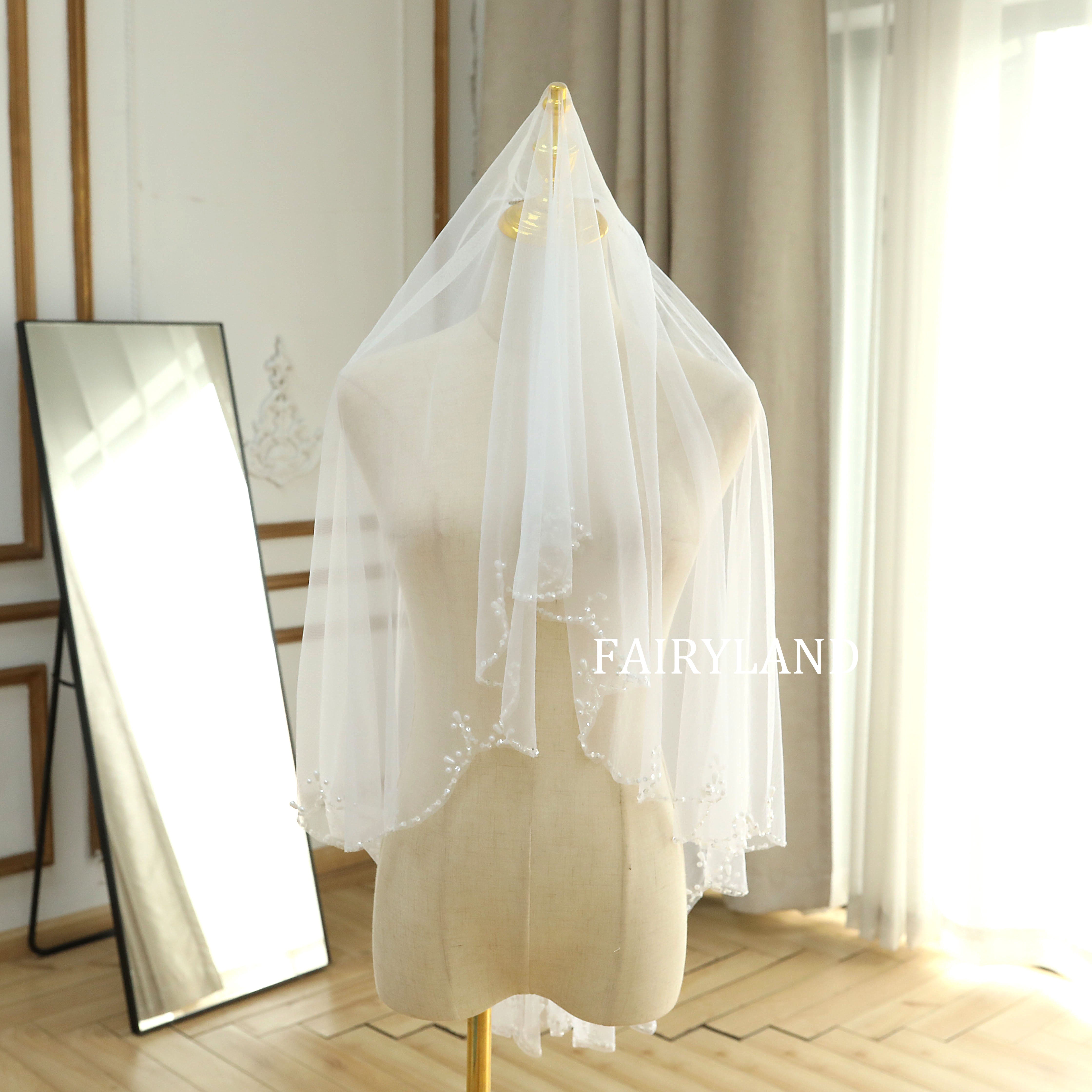Two-layered White Tulle Beading Edge Wedding Veil