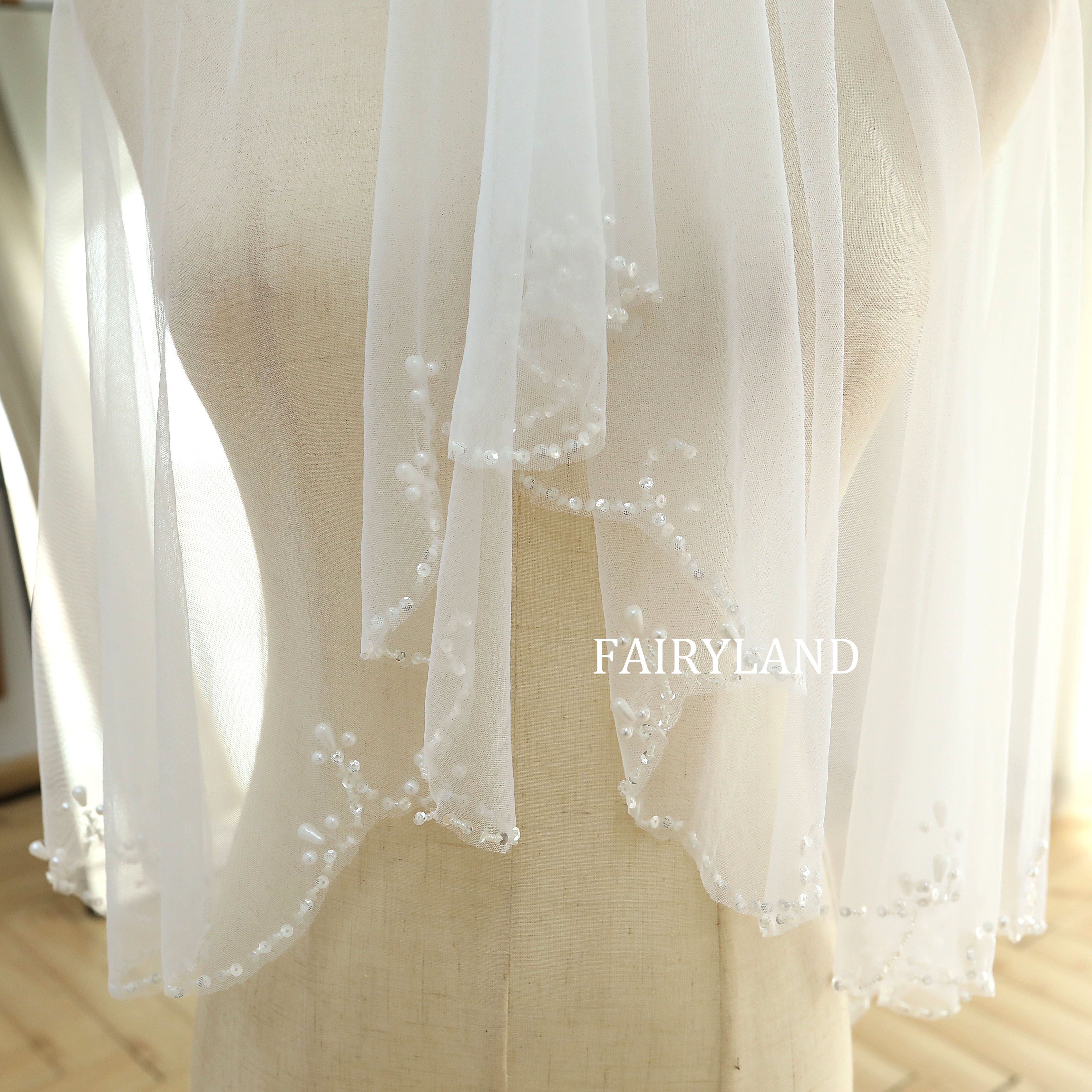 Two-layered White Tulle Beading Edge Wedding Veil
