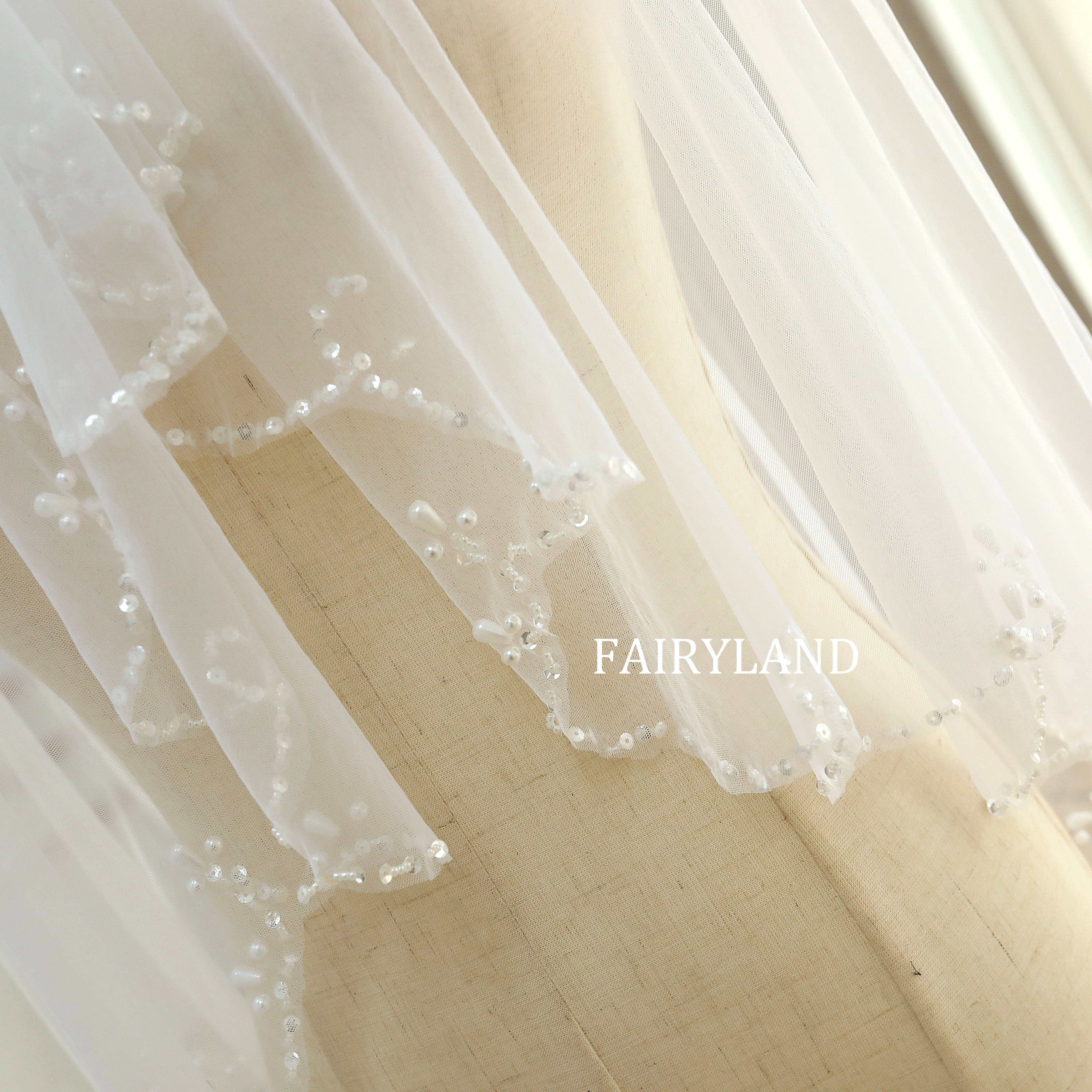 Two-layered White Tulle Beading Edge Wedding Veil