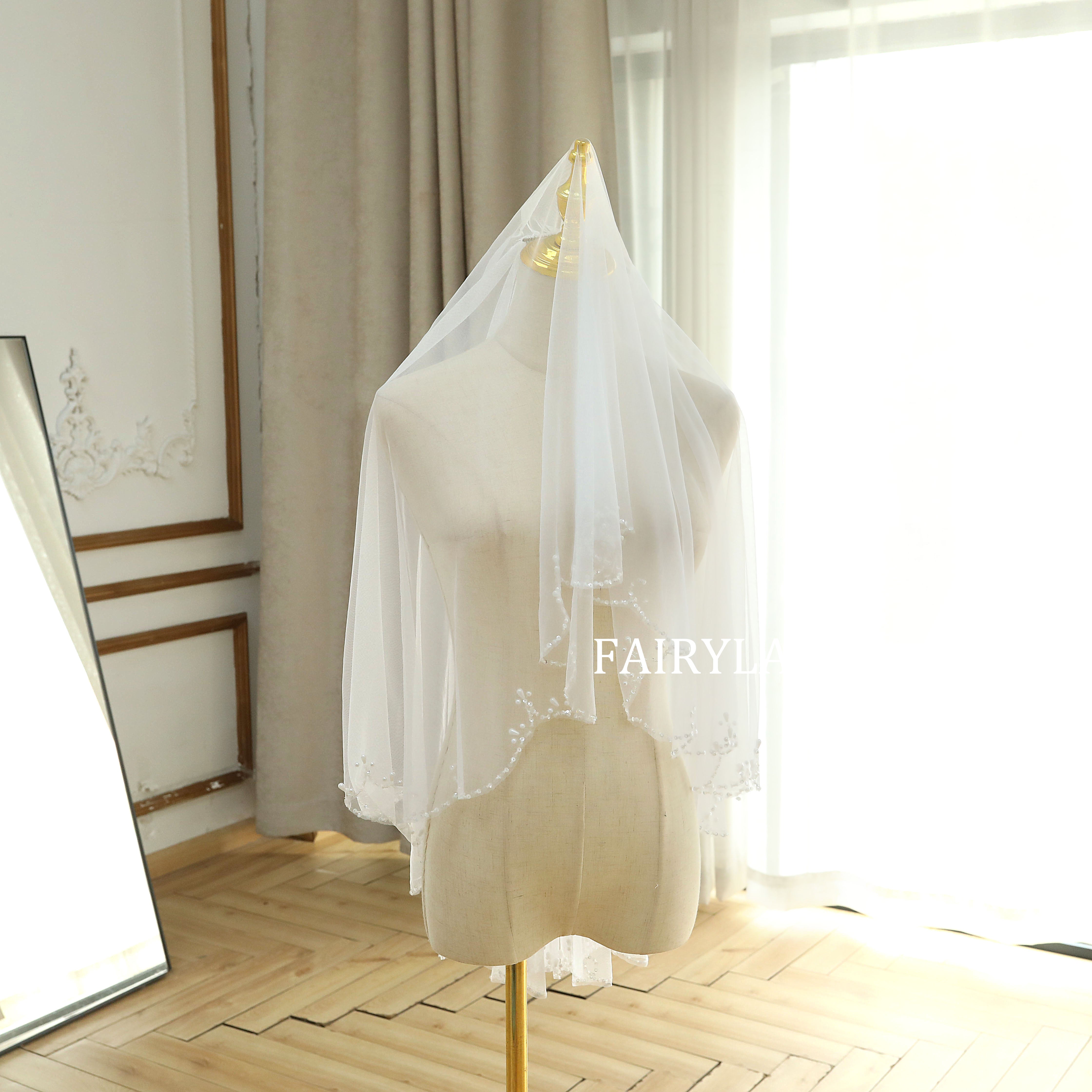 Two-layered White Tulle Beading Edge Wedding Veil