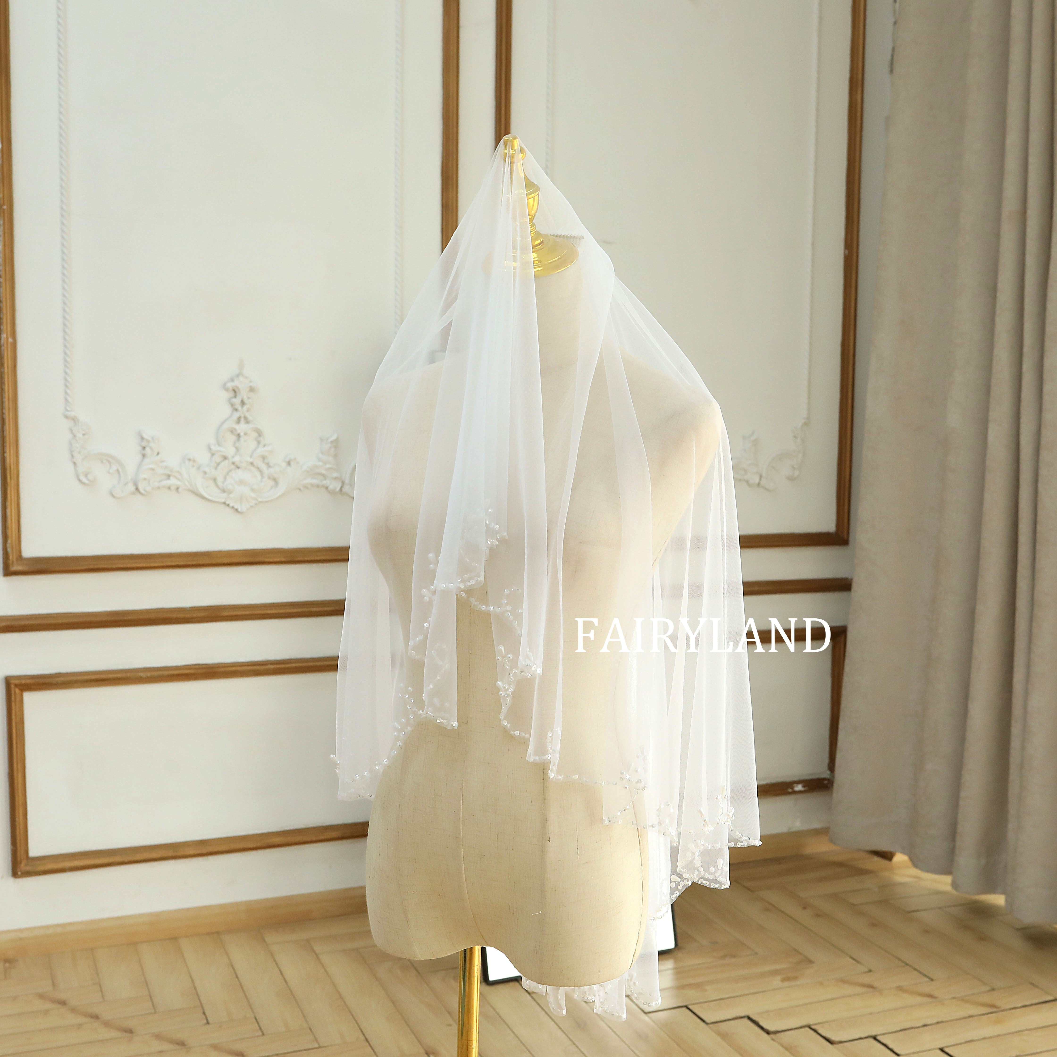 Two-layered White Tulle Beading Edge Wedding Veil
