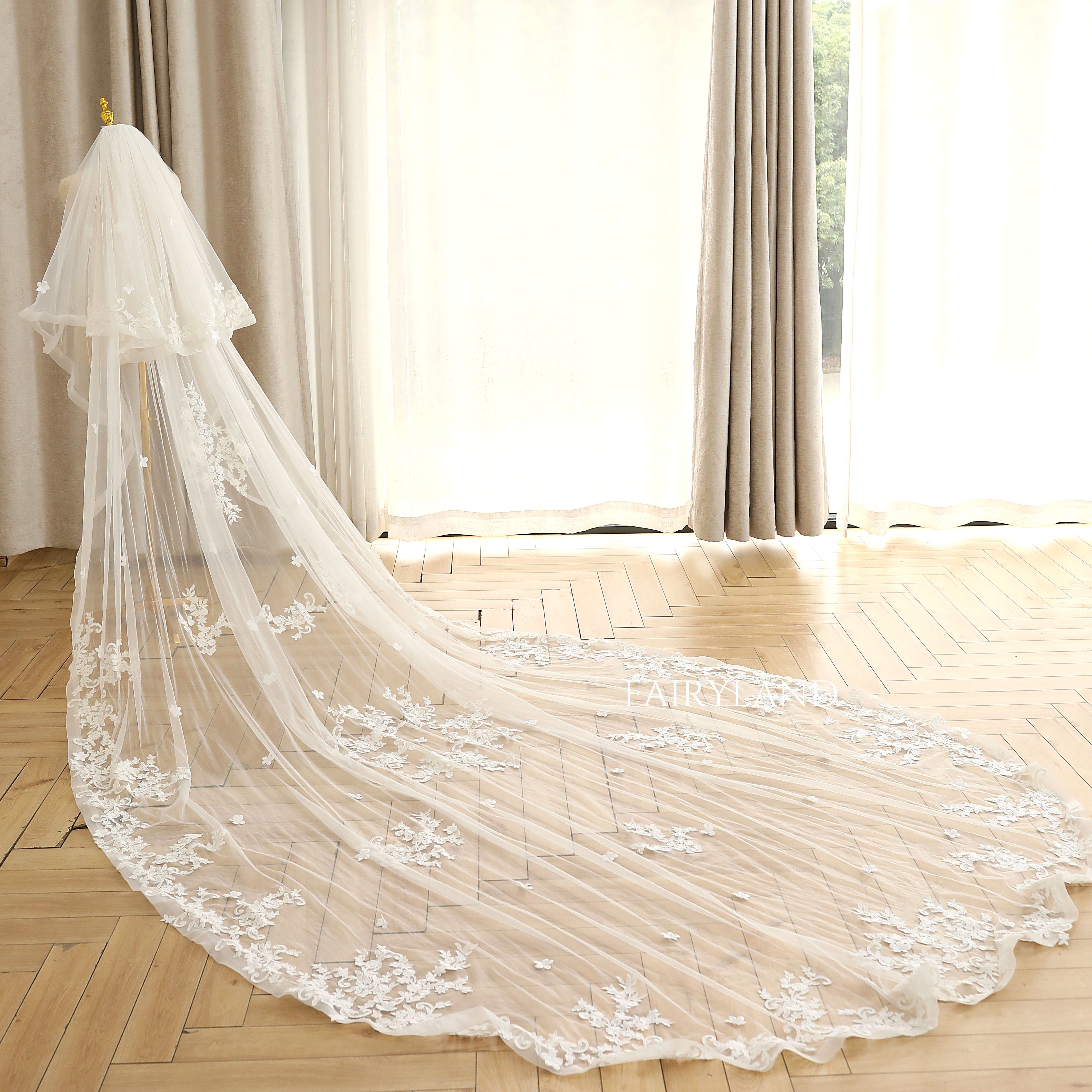 Two-layer Lace Appliques Blush Veil For Wedding