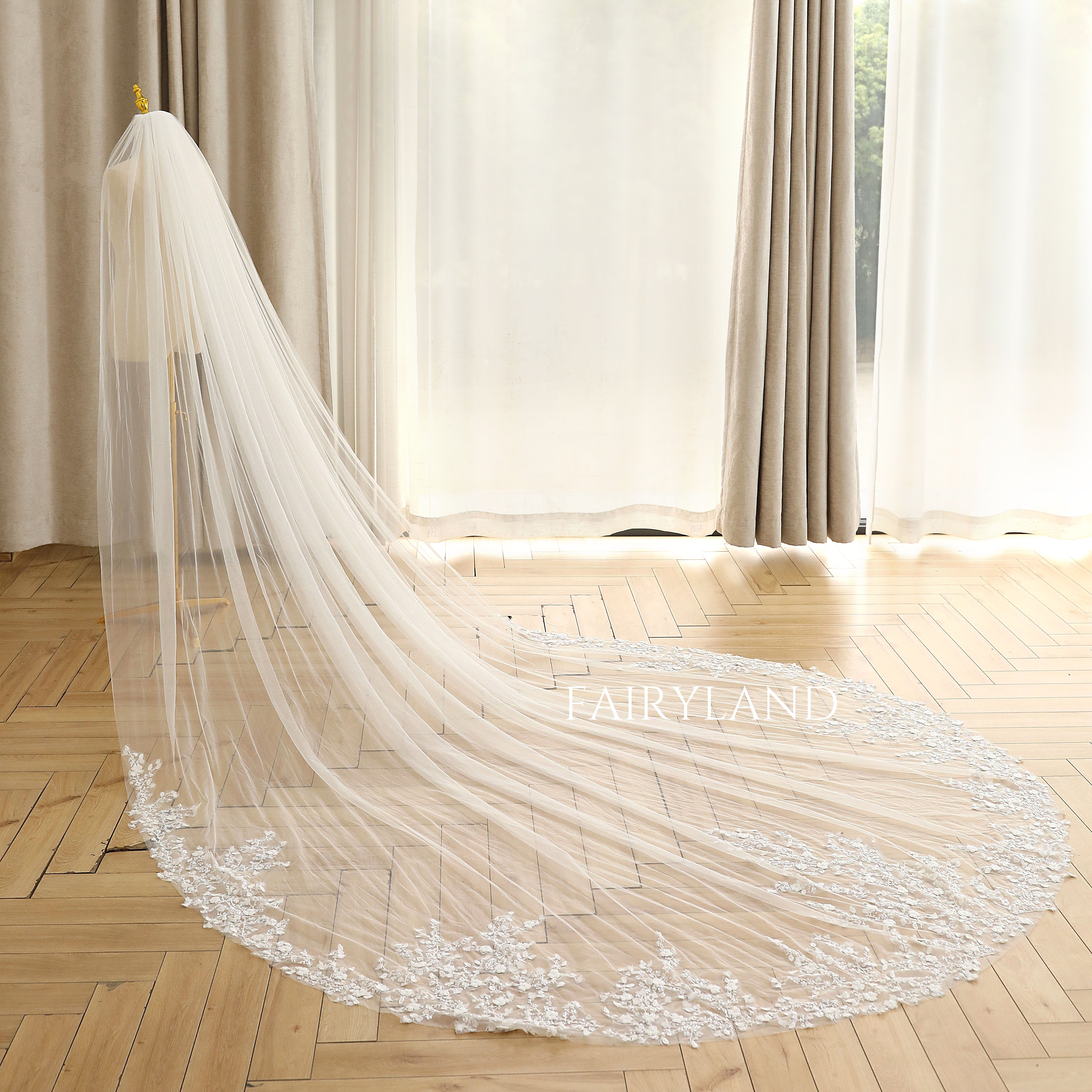 Sequins & Beaded Wedding Veil With Delicate flowers
