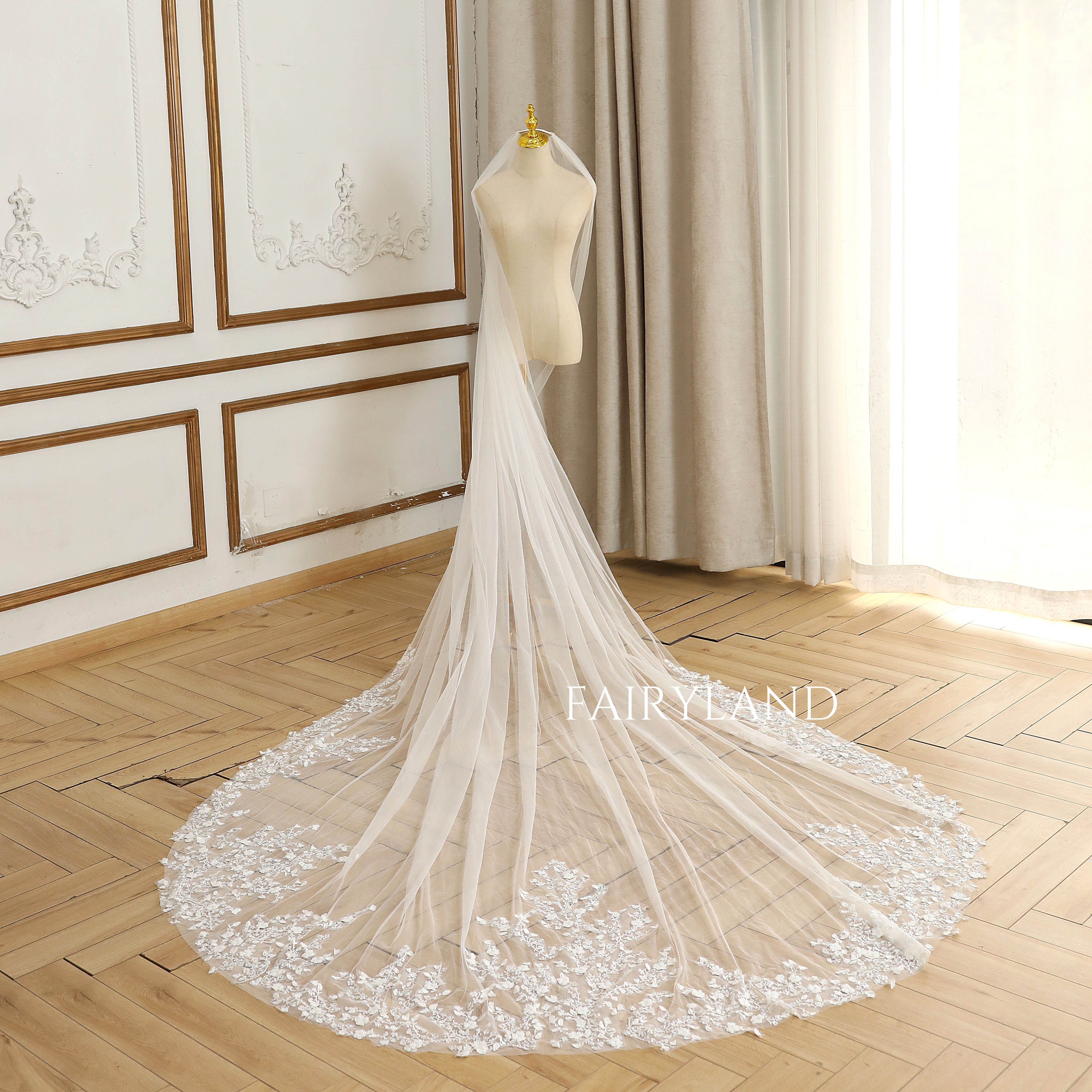 Sequins & Beaded Wedding Veil With Delicate flowers
