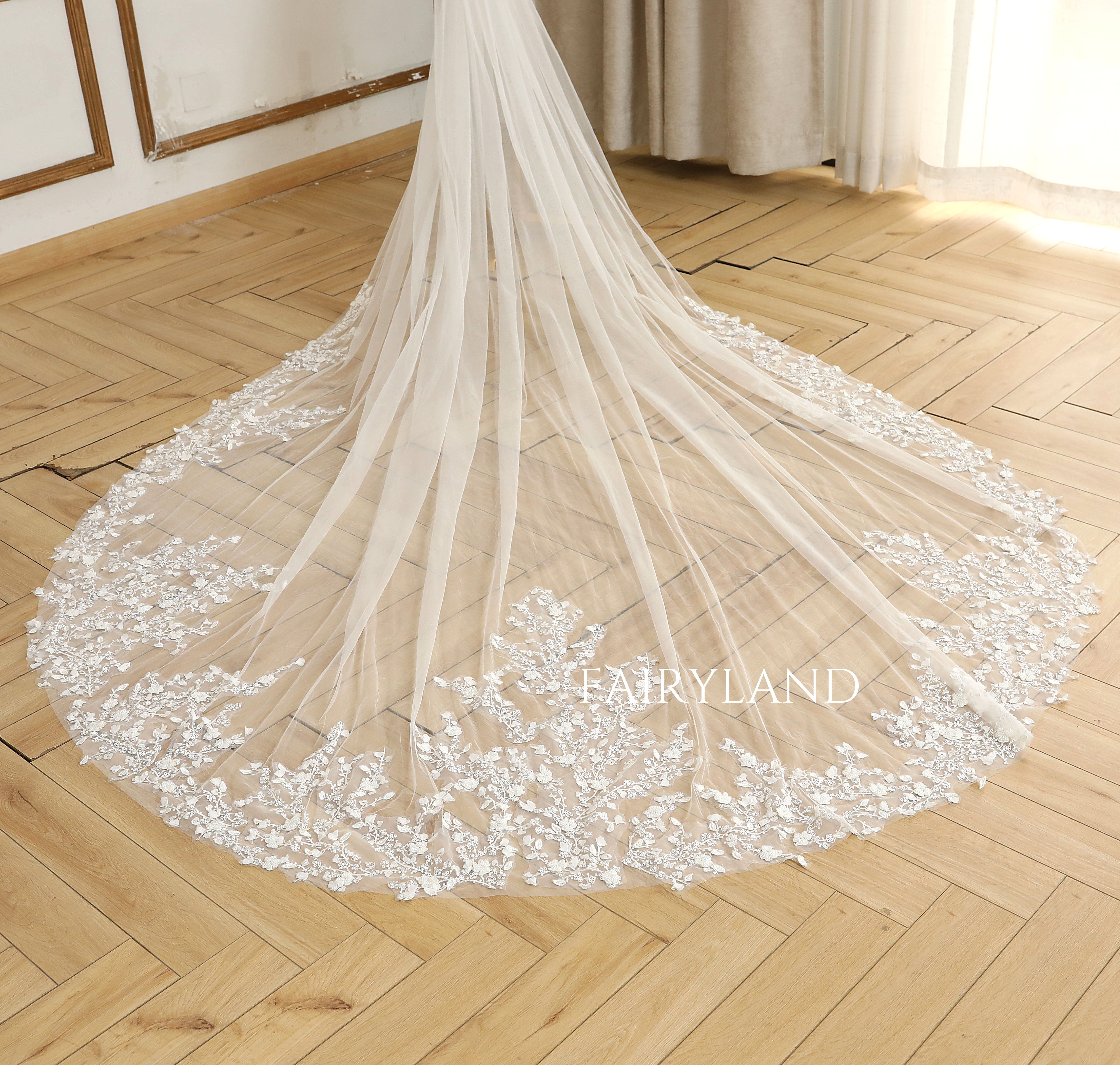 Sequins & Beaded Wedding Veil With Delicate flowers