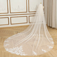 3D Flower Appliques Cathedral Wedding Veil For Bridal