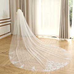 3D Flower Appliques Cathedral Wedding Veil For Bridal