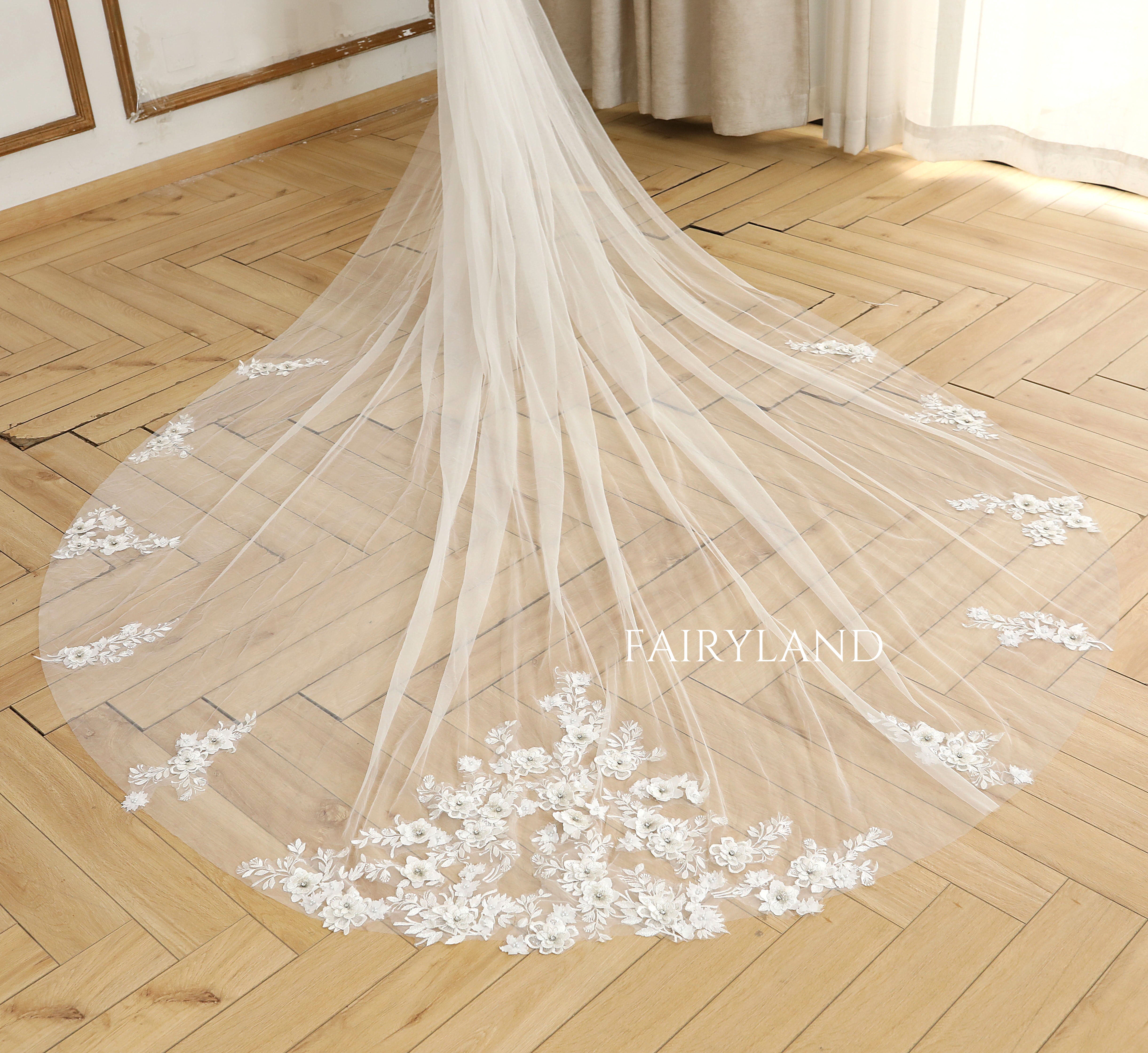 3D Flower Appliques Cathedral Wedding Veil For Bridal