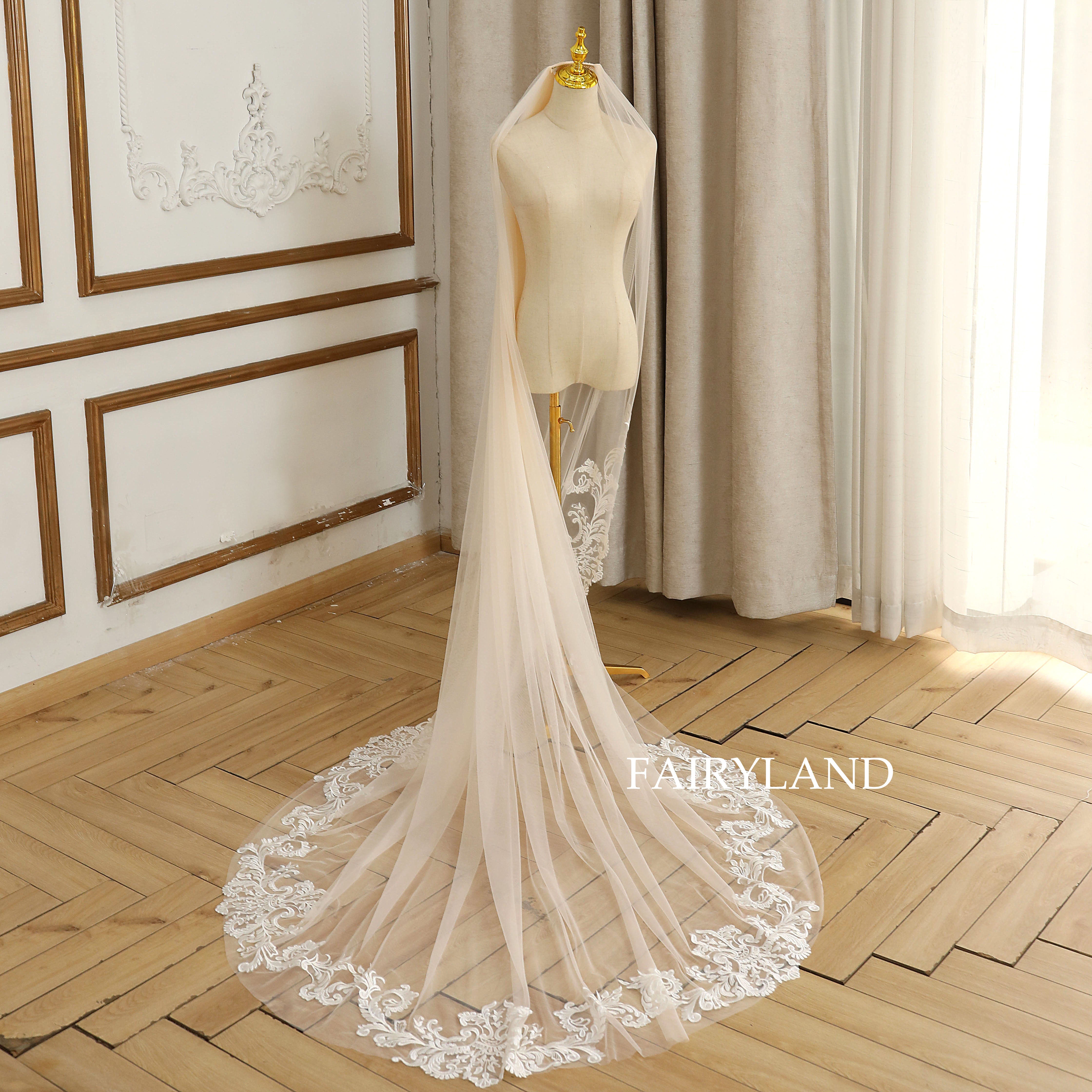 Champagne Vintage Lace Wedding Veil For Bridal