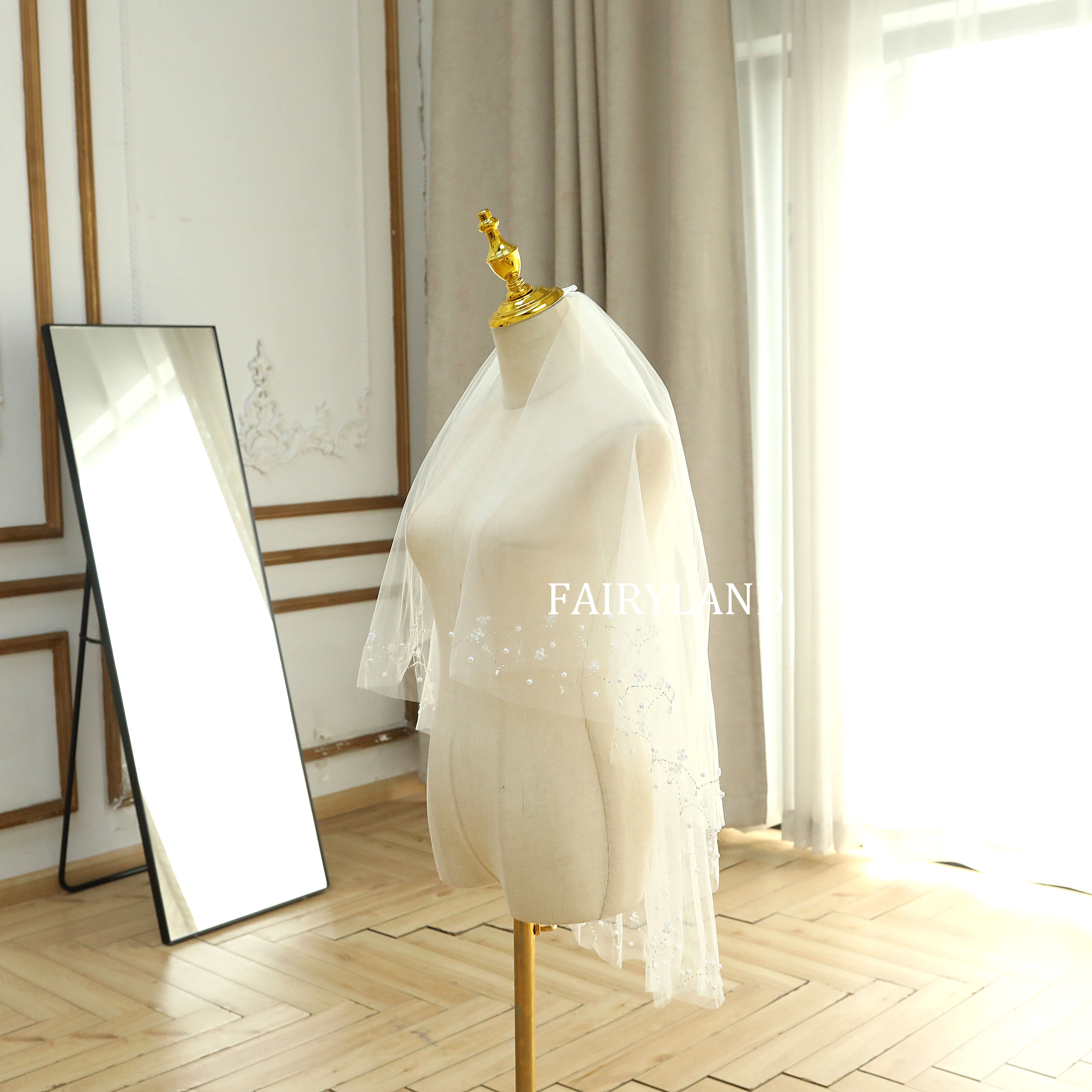 Soft Tulle Fingertip Tiny Flower Pearls Wedding Veil