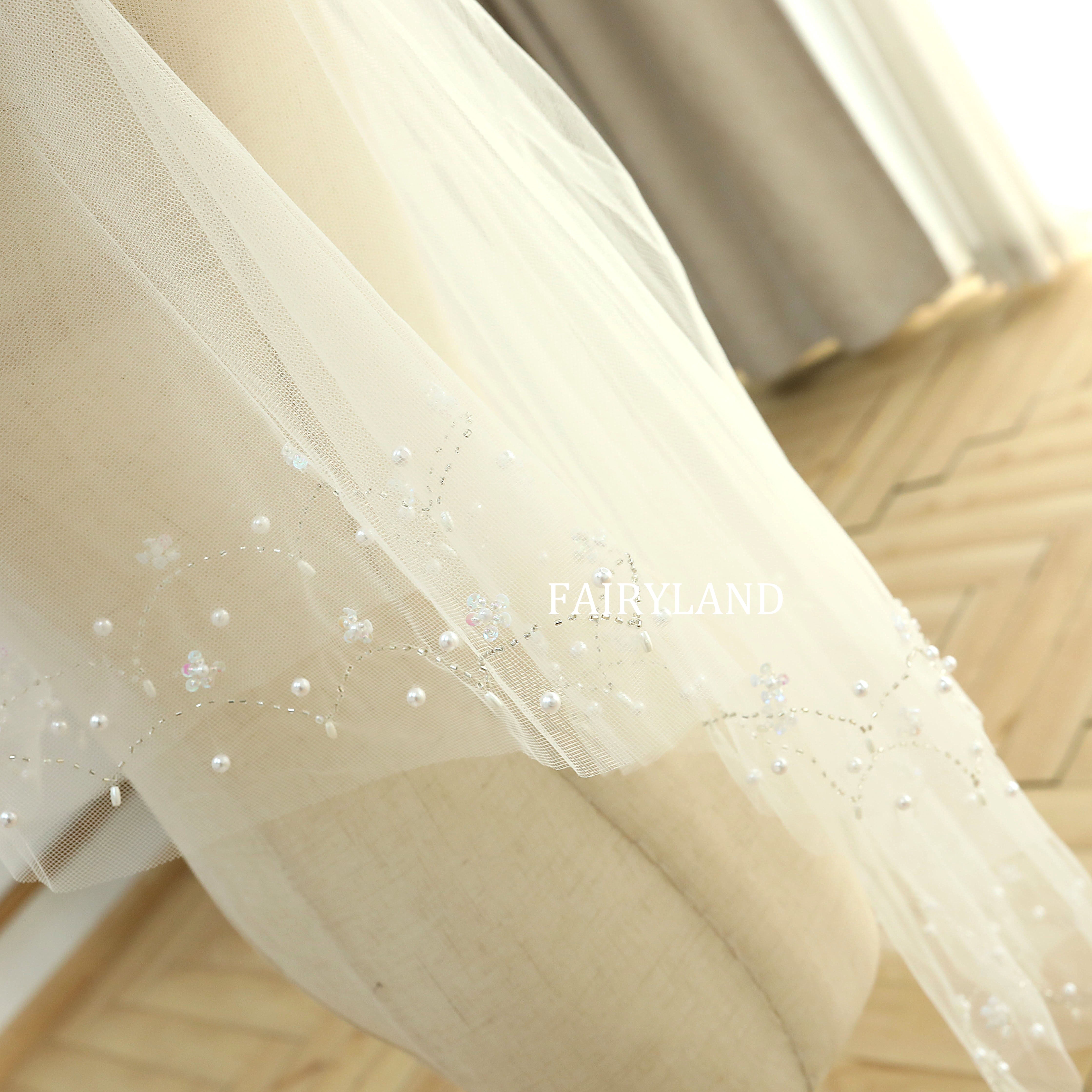 Soft Tulle Fingertip Tiny Flower Pearls Wedding Veil