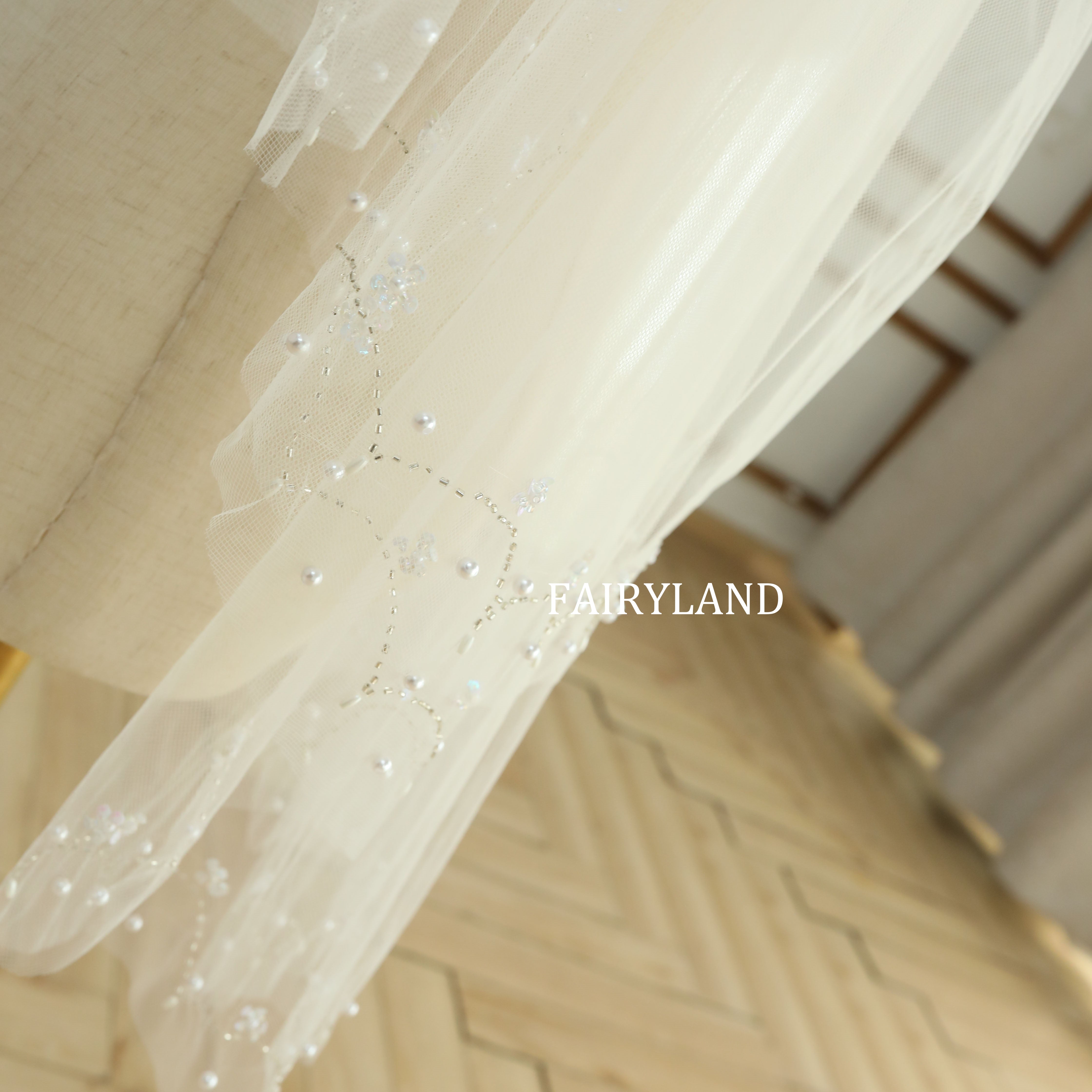 Soft Tulle Fingertip Tiny Flower Pearls Wedding Veil
