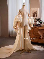 Cream Puffy Sleeve Couture Gown with Flowing Train – Luxury Bridal & Editorial Dress