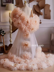 Peach Puffy Layered Tulle Gown – Couture Floral Mesh Dress for Bridal & Editorial Shoots