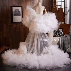 Dramatic White Tulle Puff Cape with Long Train – Luxury Bridal Photoshoot Robe