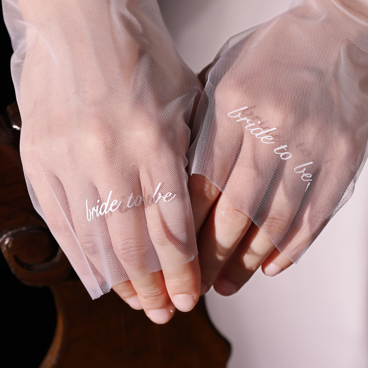 “Bride to Be” Sheer Tulle Gloves – Elegant Wedding Mesh Gloves for Bridal Photoshoots & Engagements