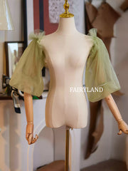Sage Green Puff Tulle Sleeves – Detachable Sheer Organza Arm Accessories for Dresses & Photoshoots